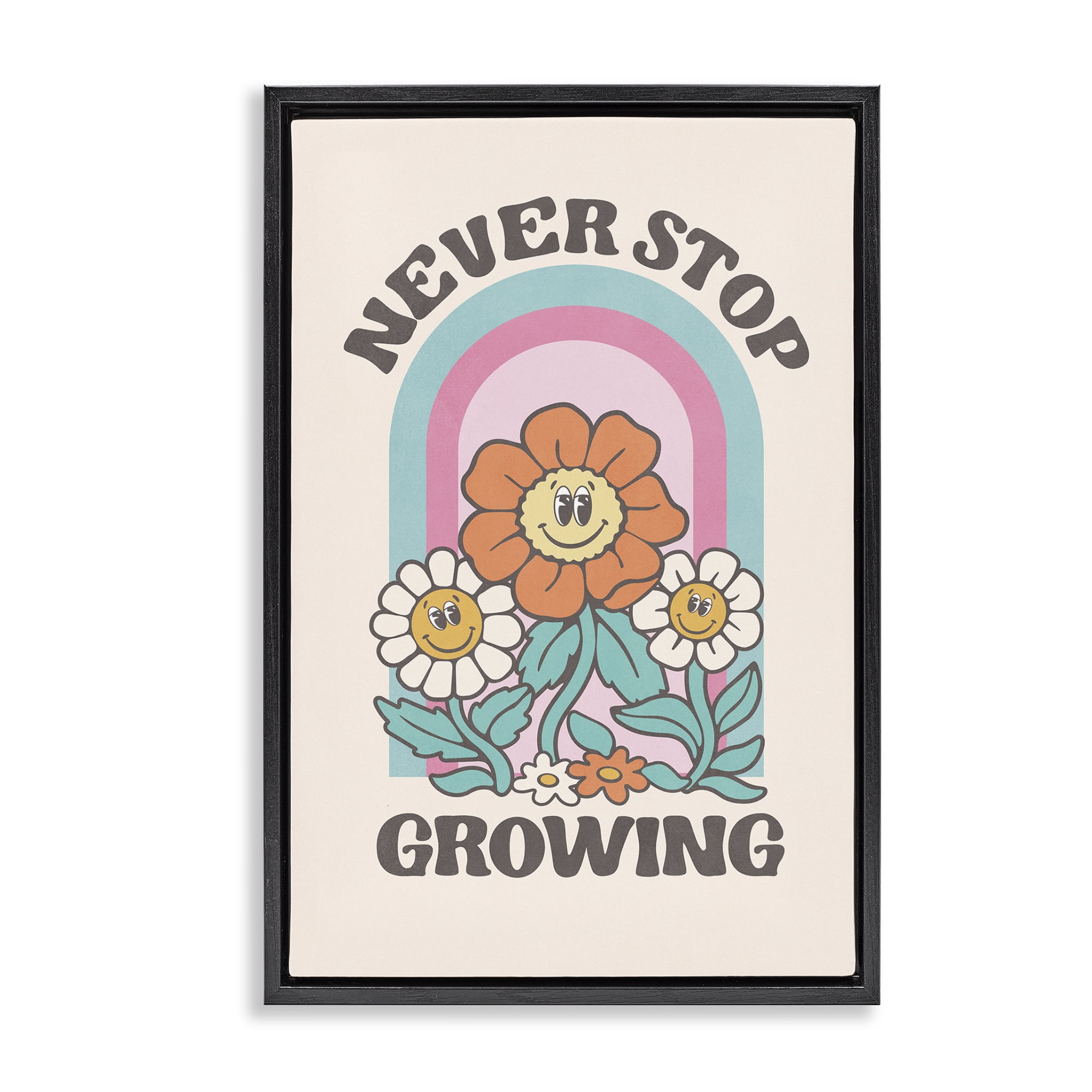 Stupell Industries Retro Never Stop Growing Plants & Flowers Painting Black Floater Framed Canvas Art Print Wall Art, 21 x 31