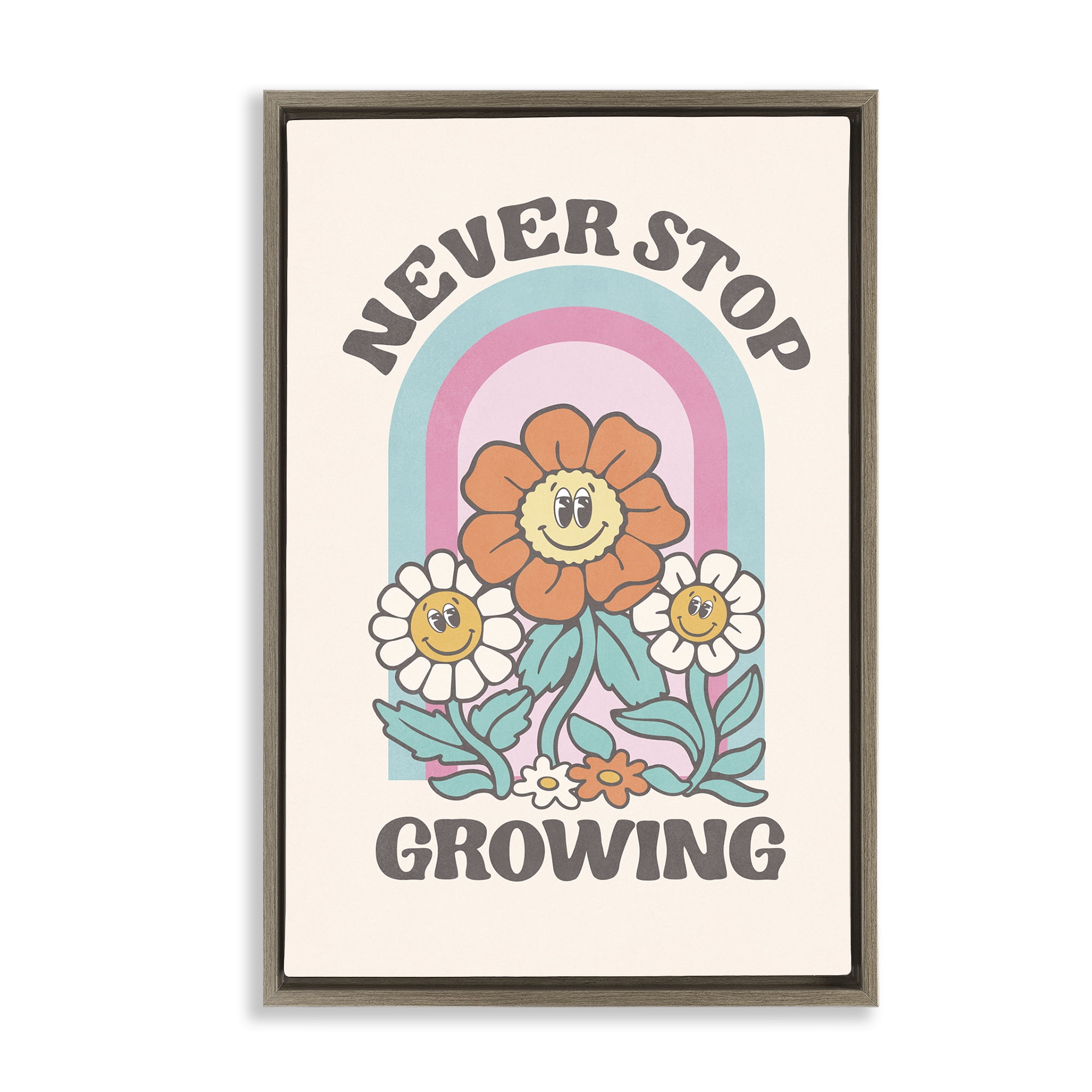 Stupell Industries Retro Never Stop Growing Plants & Flowers Painting Brown Floater Framed Canvas Art Print Wall Art, 17 x 25