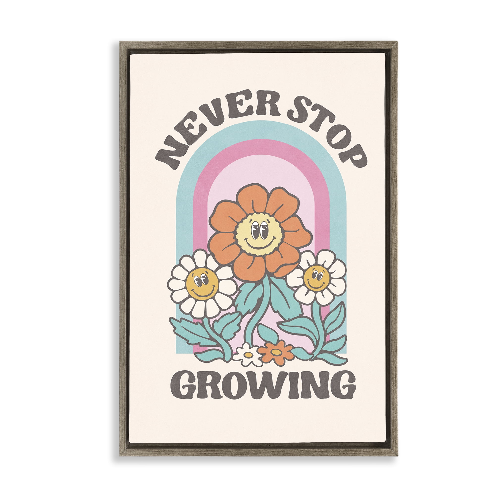 Stupell Industries Retro Never Stop Growing Plants & Flowers Painting Brown Floater Framed Canvas Art Print Wall Art, 21 x 31