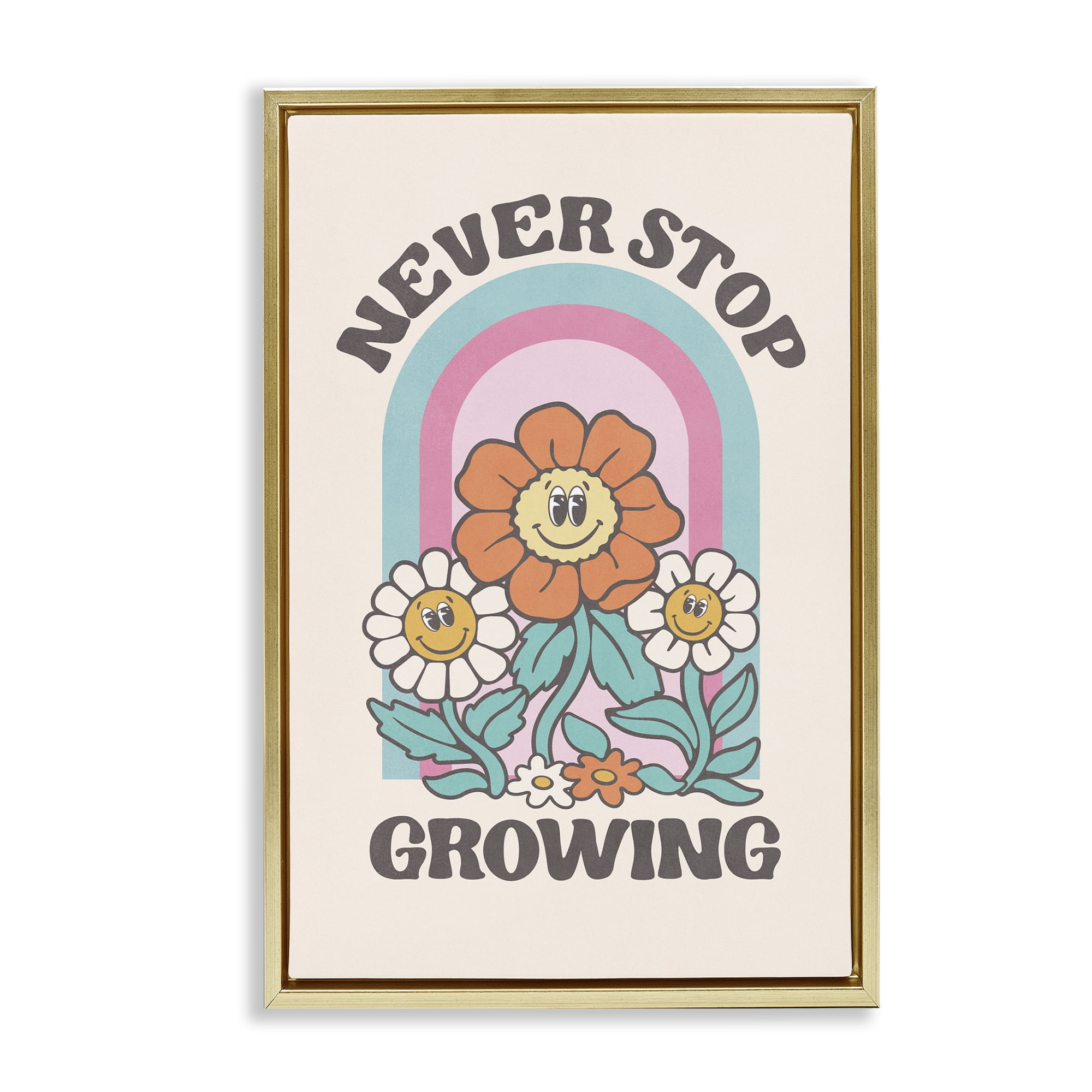 Stupell Industries Retro Never Stop Growing Plants & Flowers Painting Gold Floater Framed Canvas Art Print Wall Art, 17 x 25