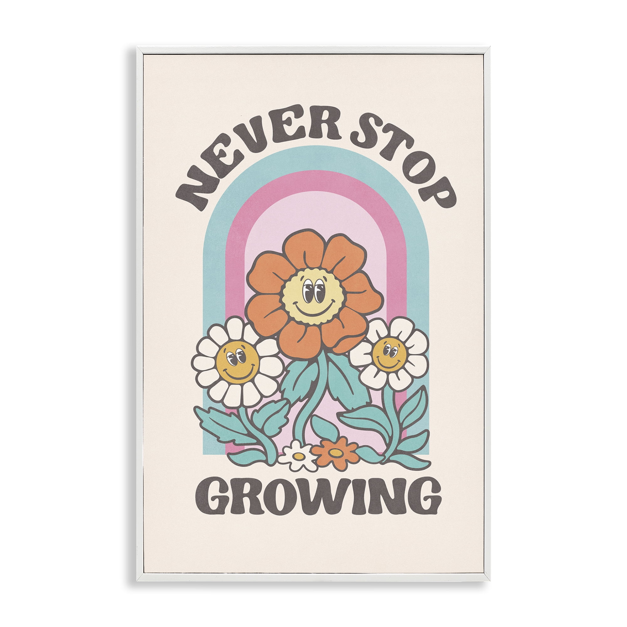 Stupell Industries Retro Never Stop Growing Plants & Flowers Painting White Framed Art Print Wall Art, 12 x 18