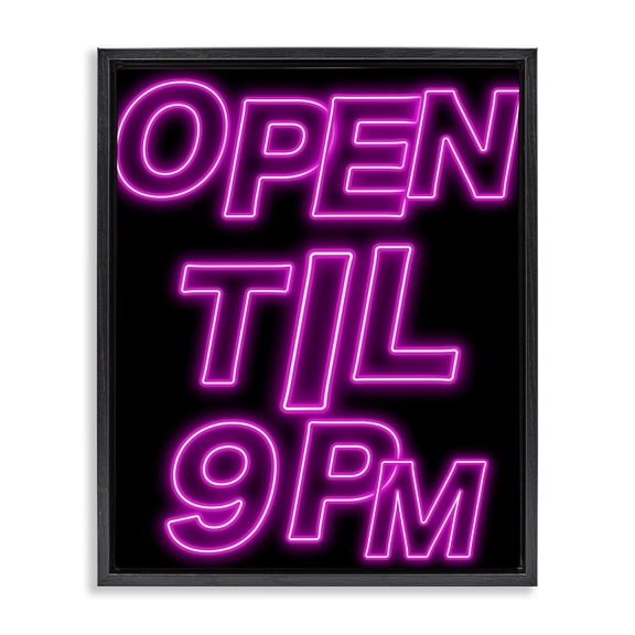 Stupell Industries Retro Open Til 9 PM Quotes and Sayings Painting Black Floater Framed Canvas Art Print Wall Art, 17 x 21