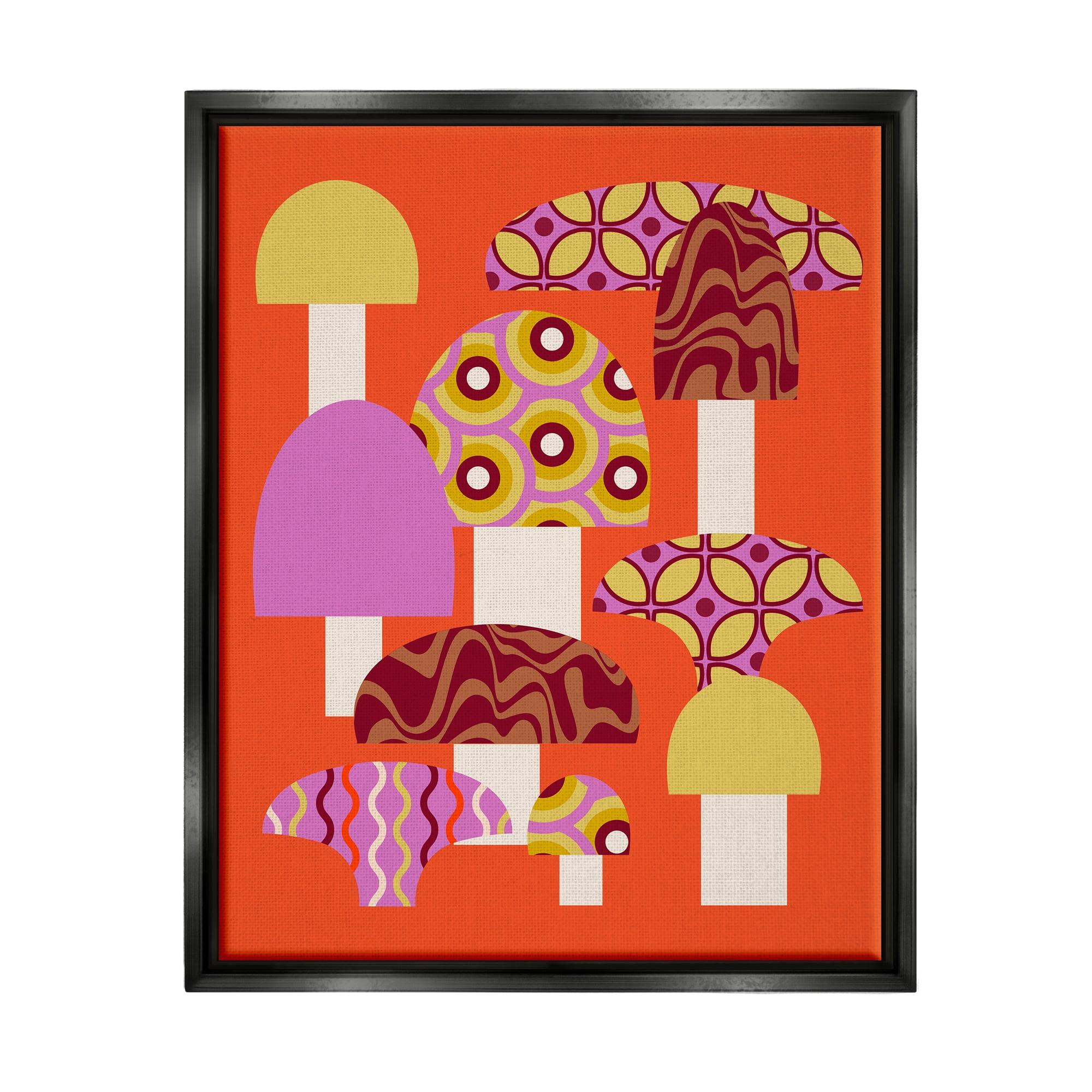 Stupell Industries Retro Patterned Mushrooms Botanical & Floral Painting Black Floater Framed Canvas Art Print Wall Art, 17 x 21