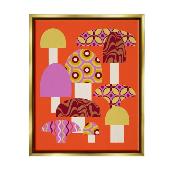 Stupell Industries Retro Patterned Mushrooms Botanical & Floral Painting Gold Floater Framed Canvas Art Print Wall Art, 17 x 21