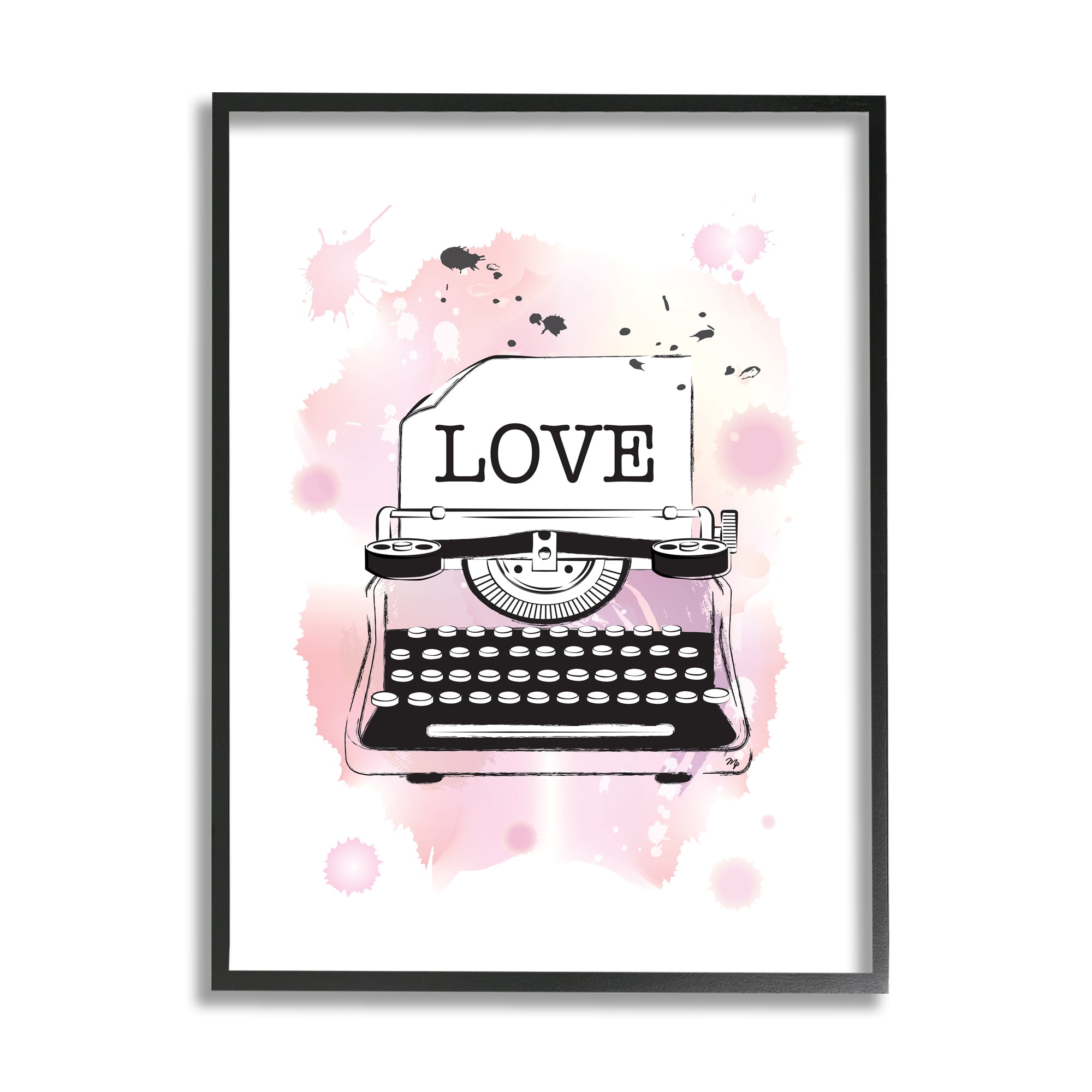 Stupell Industries Retro Pink Typewriter Love Text Paint Splash Typography Painting Black Framed Art Print Wall Art, 24 x 30
