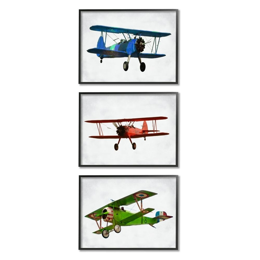 Stupell Industries Retro Planes at Flight Aircraft Pilots Colorful Transportation Framed Wall Art Design by Ashley Calhoun, 3 Piece, 16" x 20", Black Framed