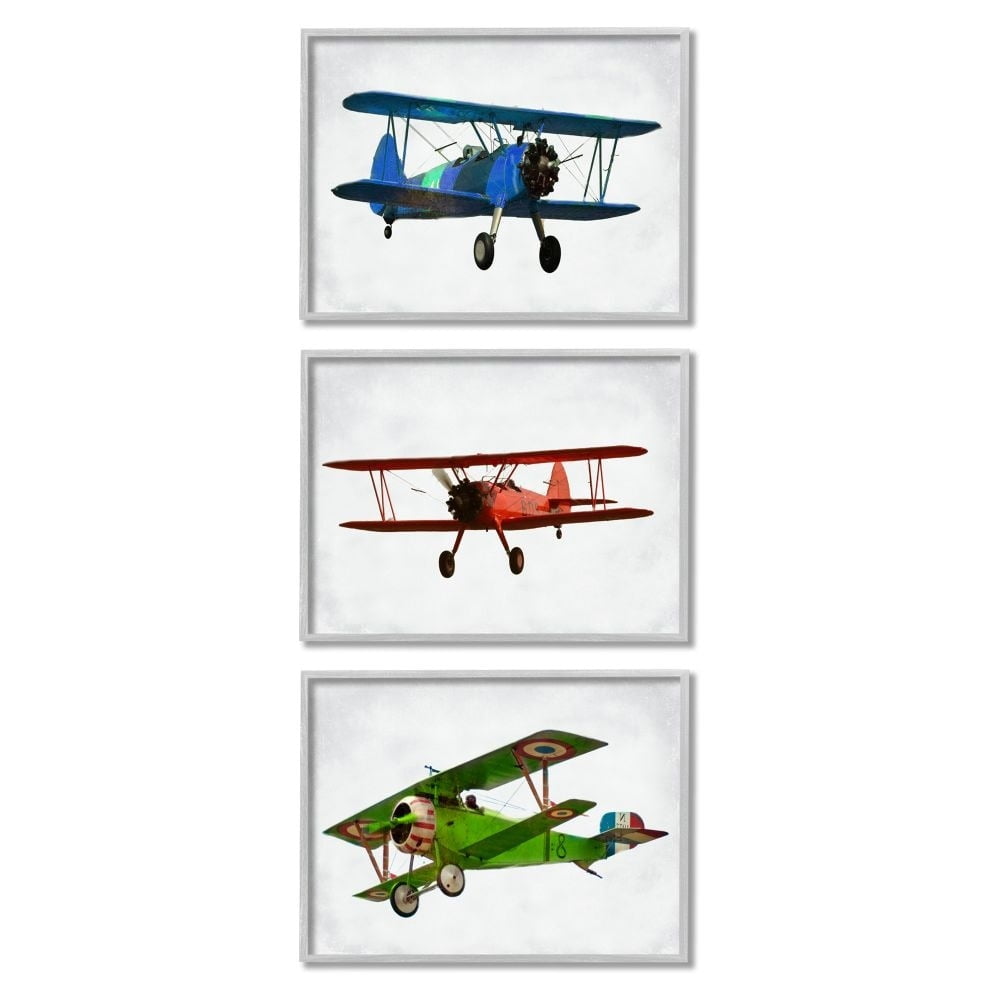 Stupell Industries Retro Planes at Flight Aircraft Pilots Colorful Transportation Framed Wall Art Design by Ashley Calhoun, 3 Piece, 16" x 20", Gray Framed