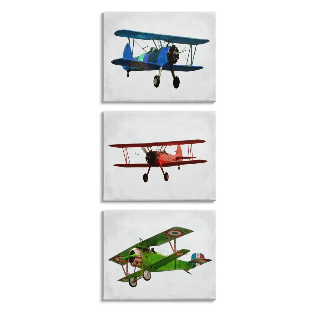 Stupell Industries Retro Planes at Flight Aircraft Pilots Colorful Transportation Canvas Wall Art Design by Ashley Calhoun, 3 Piece, 16" x 20"