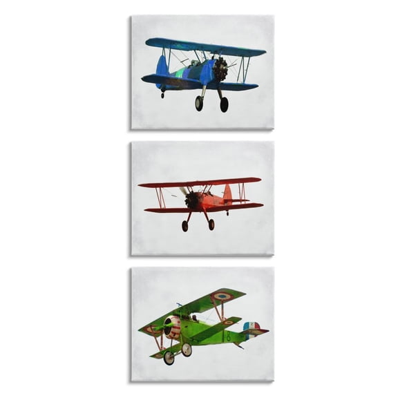 Stupell Industries Retro Planes at Flight Aircraft Pilots Colorful Transportation Canvas Wall Art Design by Ashley Calhoun, 3 Piece, 24" x 30"
