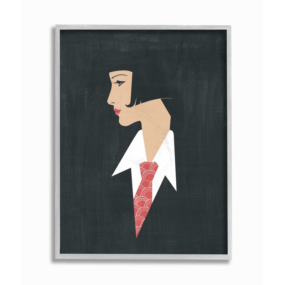 Stupell Industries Retro Pop Female Portrait Fashion Tie Detail Beauty & Fashion Painting Gray Framed Art Print Wall Art, 11 x 14