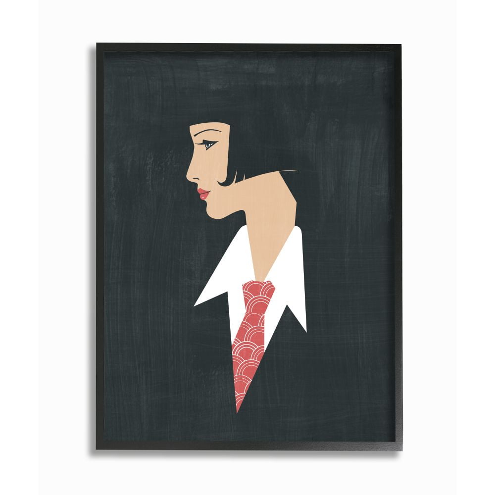 Retro Pop Female Portrait with Red Tie Black Framed Canvas Art