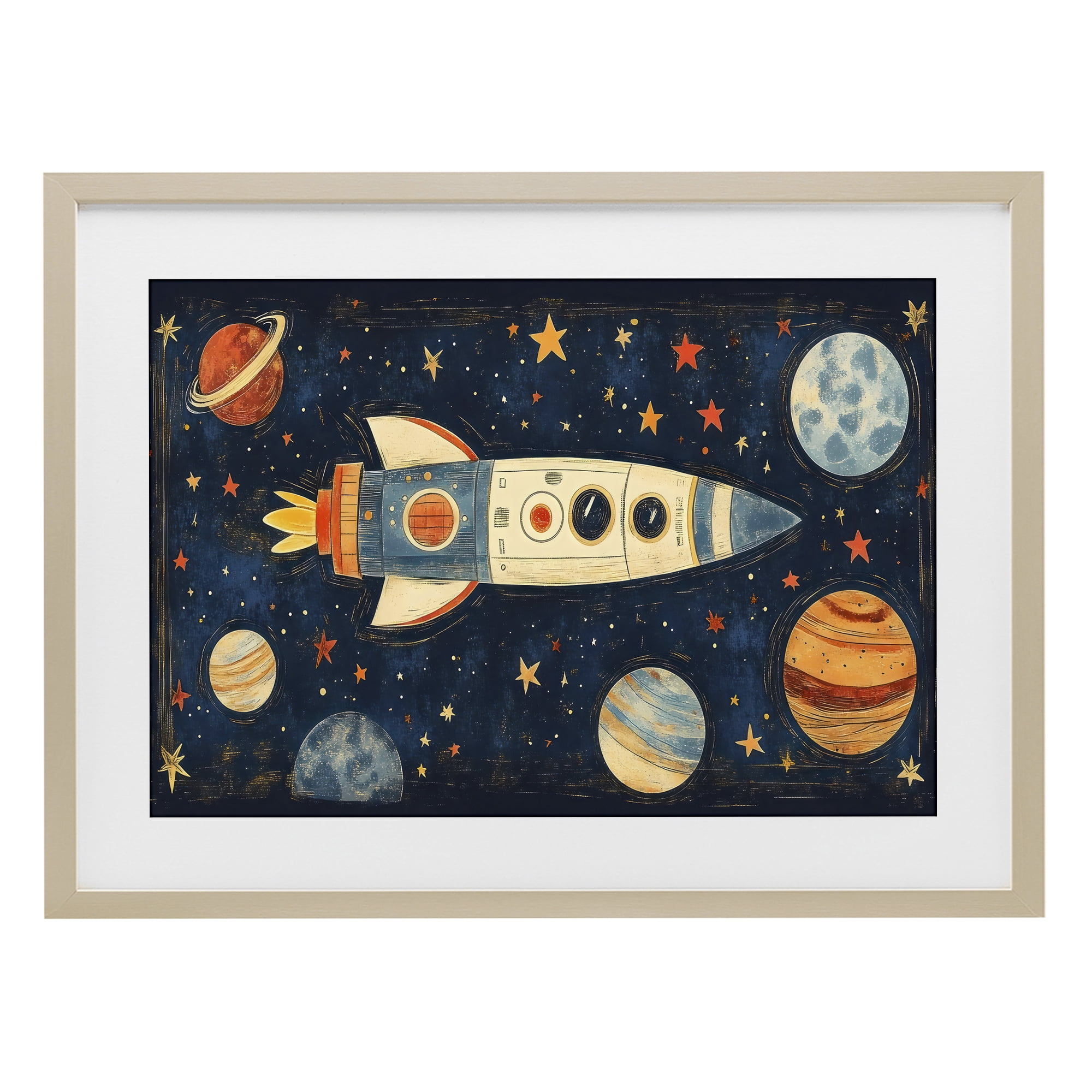 Stupell Industries Retro Rocket & Planets Birch Framed Print Under Glass, design by Creative Studio