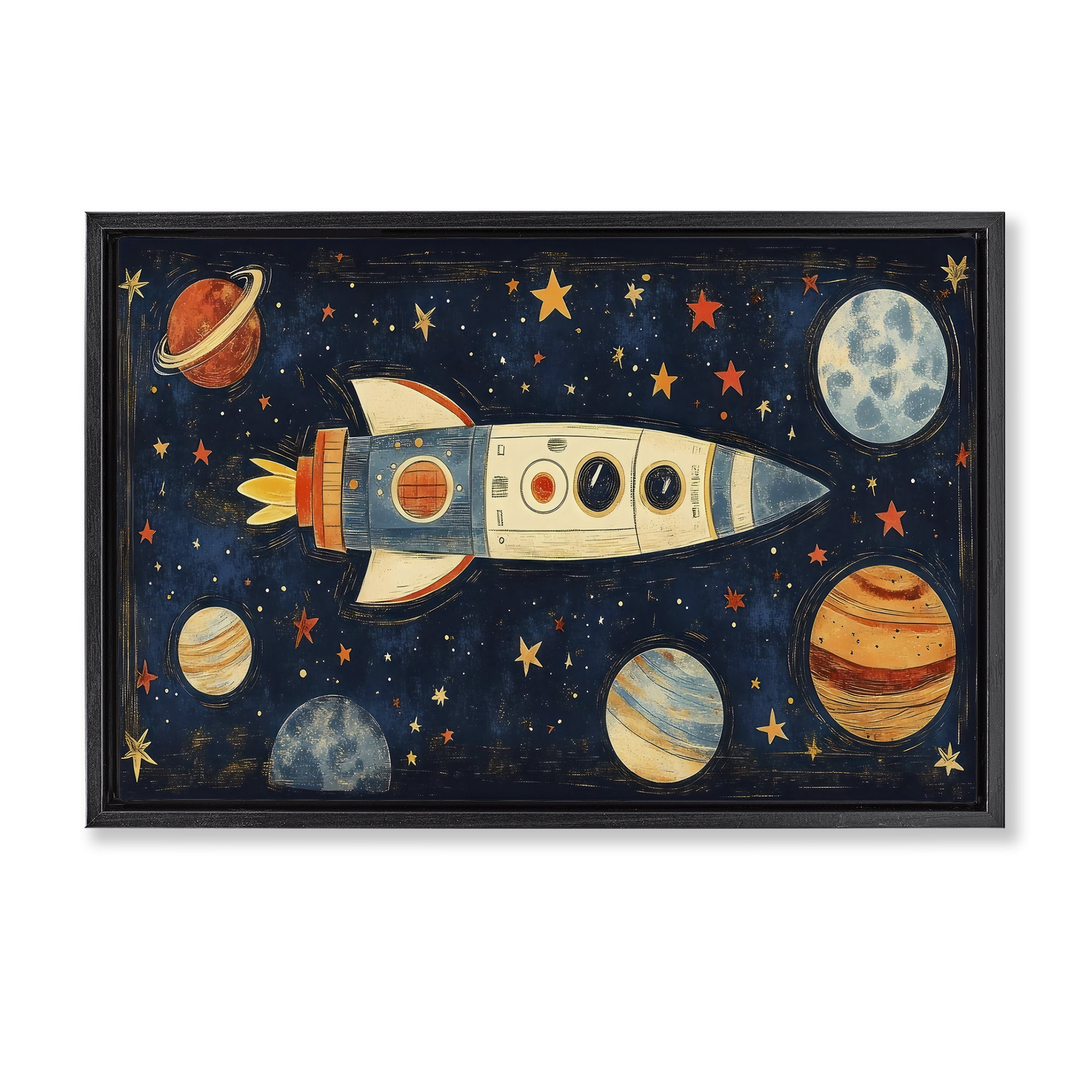 Stupell Industries Retro Rocket & Planets Black Framed Floater Canvas Wall Art, design by Creative Studio