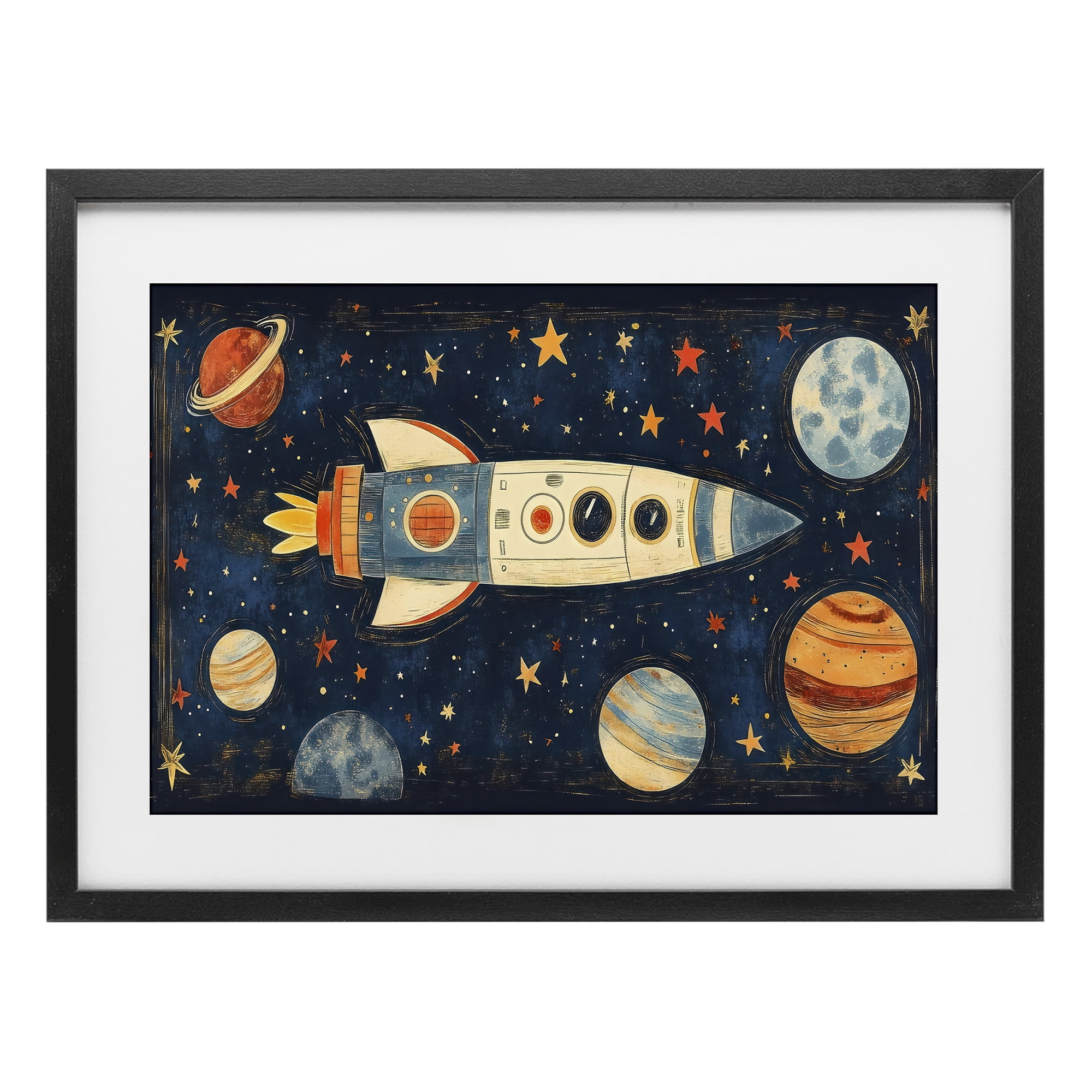 Stupell Industries Retro Rocket & Planets Black Framed Print Under Glass, design by Creative Studio