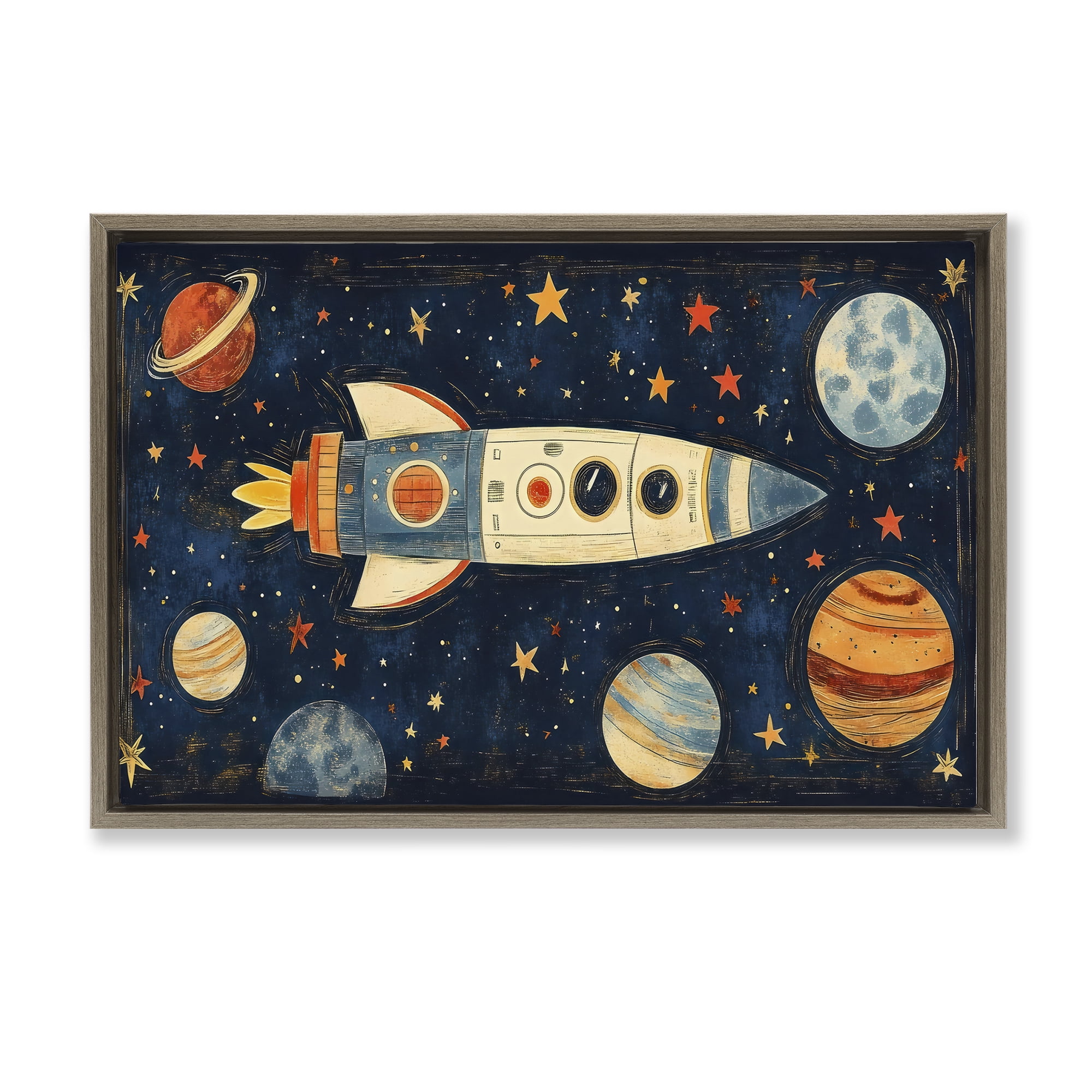 Stupell Industries Retro Rocket & Planets Brown Framed Floater Canvas Wall Art, design by Creative Studio