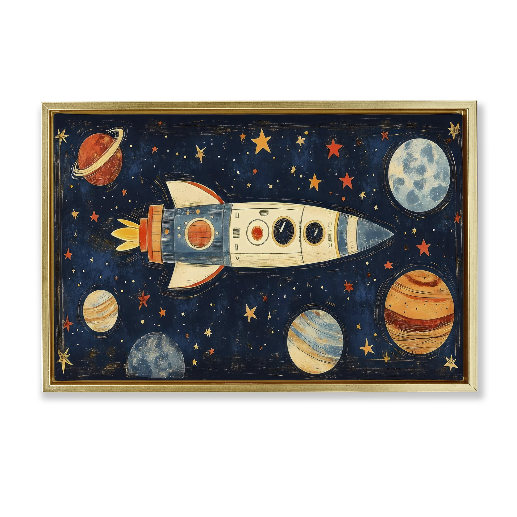 Stupell Industries Retro Rocket & Planets Gold Framed Floater Canvas Wall Art, design by Creative Studio