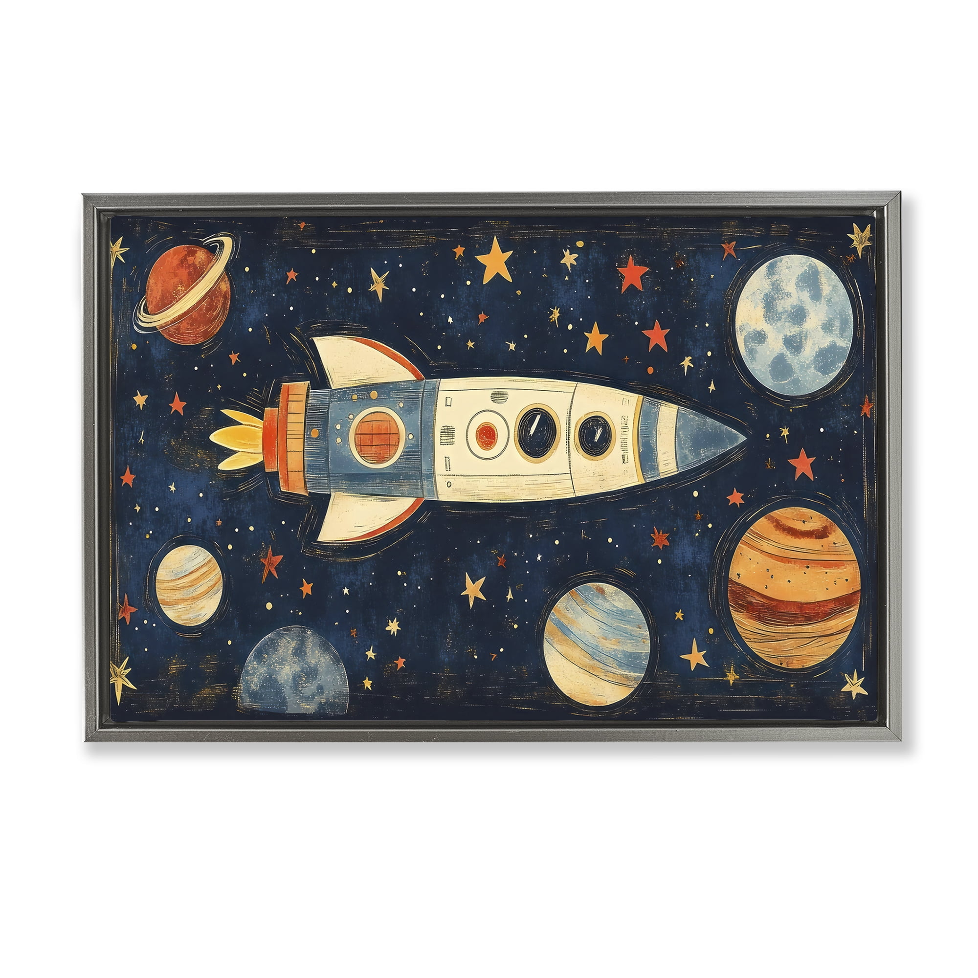 Stupell Industries Retro Rocket & Planets Gray Framed Floater Canvas Wall Art, design by Creative Studio