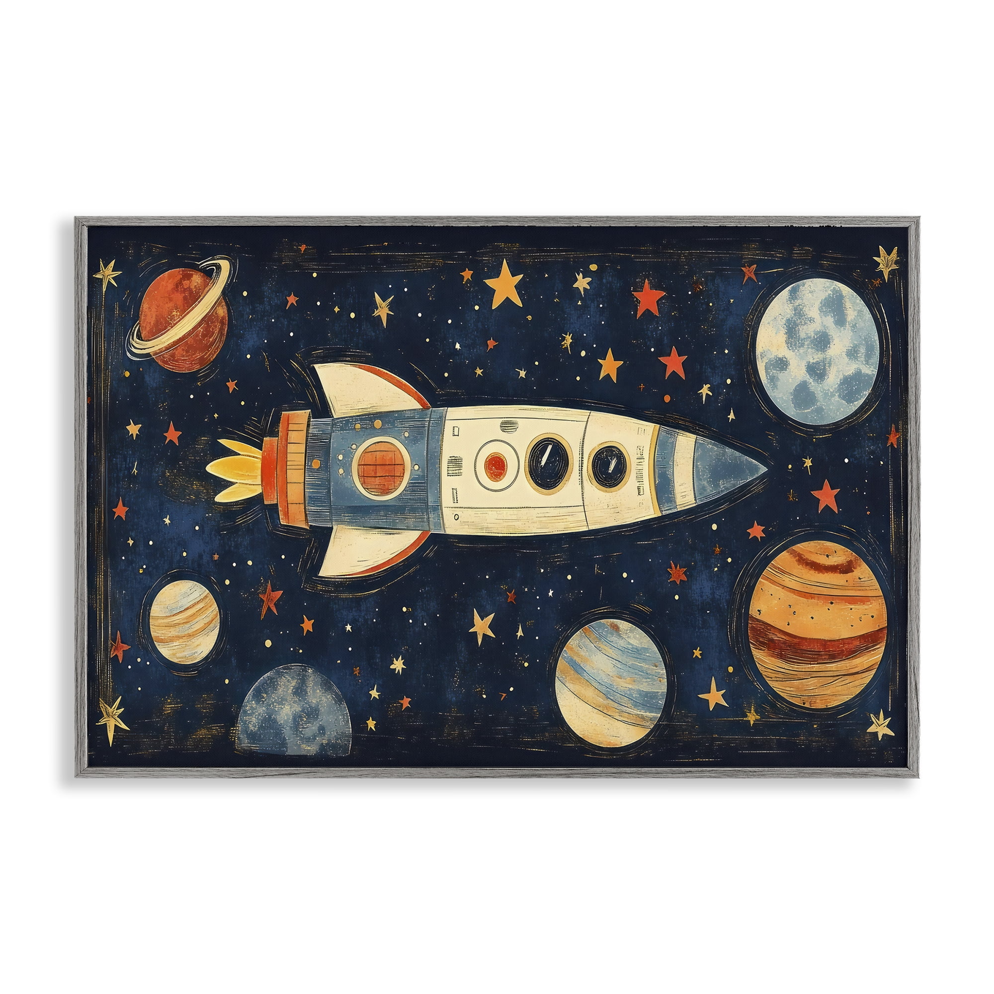 Stupell Industries Retro Rocket & Planets Gray Framed Giclee Art, design by Creative Studio