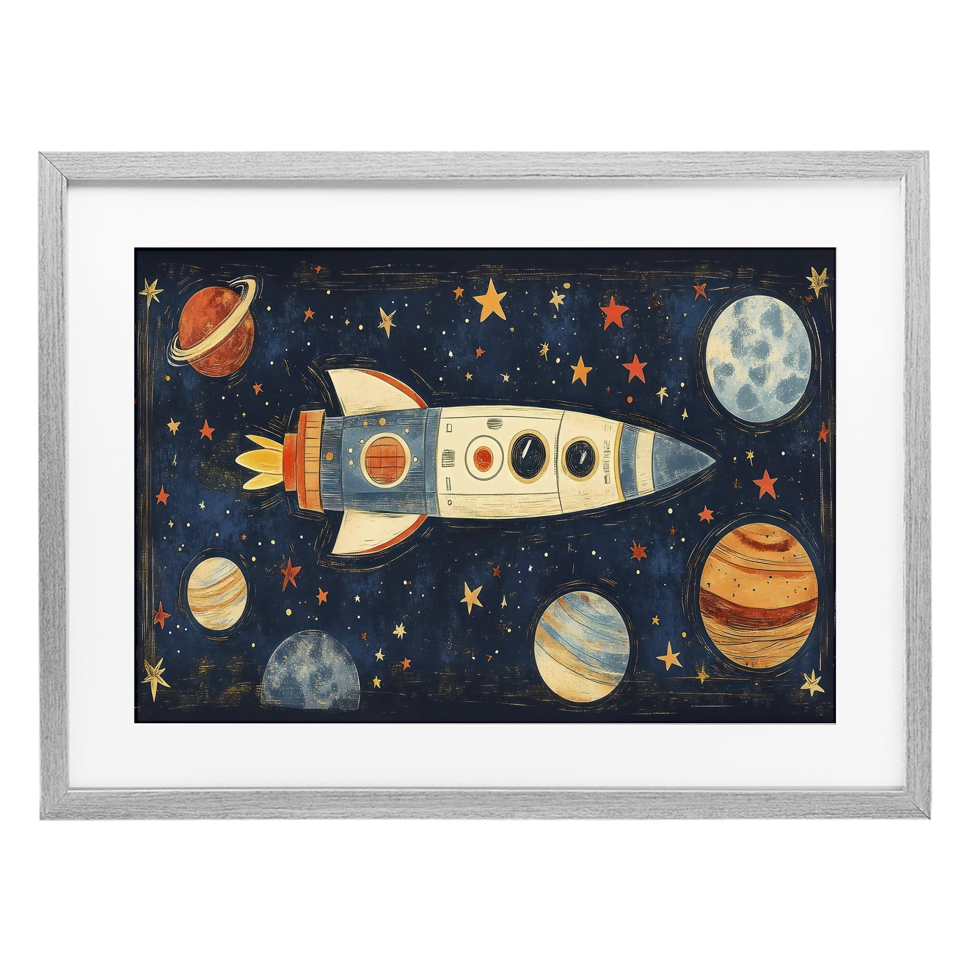 Stupell Industries Retro Rocket & Planets Gray Framed Print Under Glass, design by Creative Studio