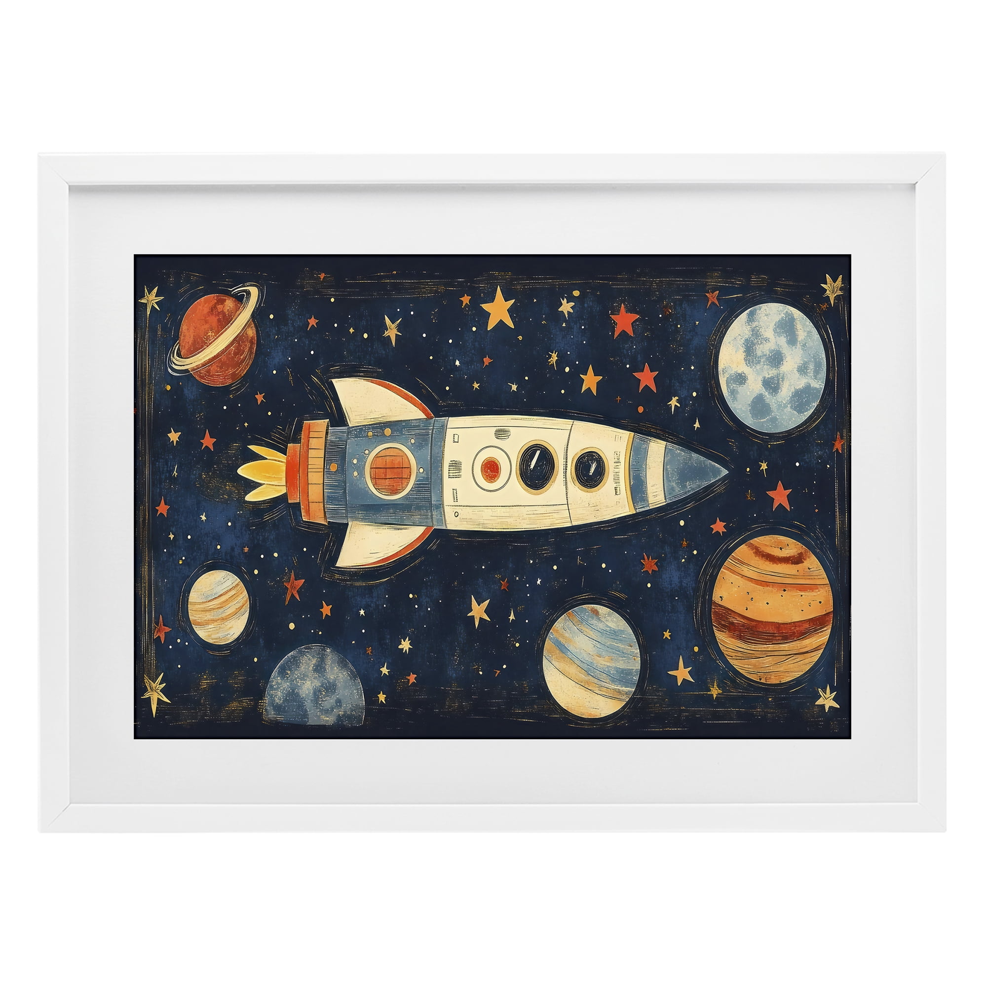 Stupell Industries Retro Rocket & Planets White Framed Print Under Glass, design by Creative Studio
