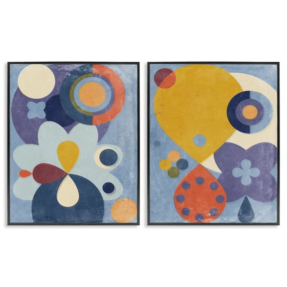 Stupell Industries Retro Shapes on Blue Abstract Painting Black Framed Art Print Wall Art, 11 x 14, Set of 2