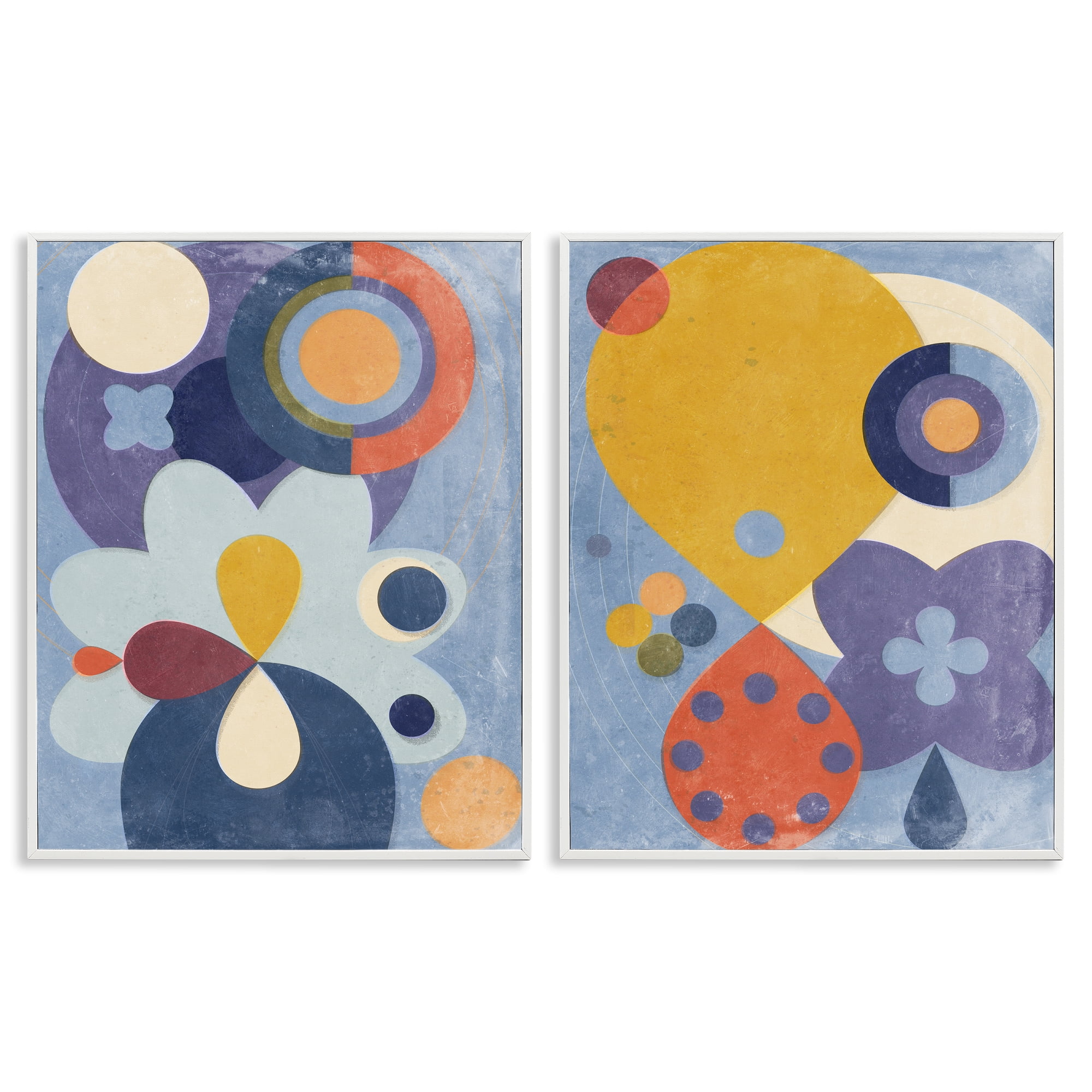 Stupell Industries Retro Shapes on Blue Abstract Painting White Framed Art Print Wall Art, 24 x 30, Set of 2