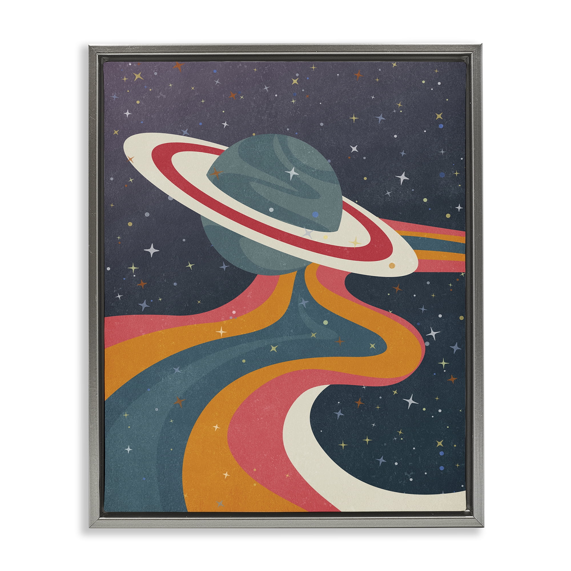 Stupell Industries Retro Space Planet Astrology & Stars Painting Gray Floater Framed Canvas Art Print Wall Art, 17 x 21