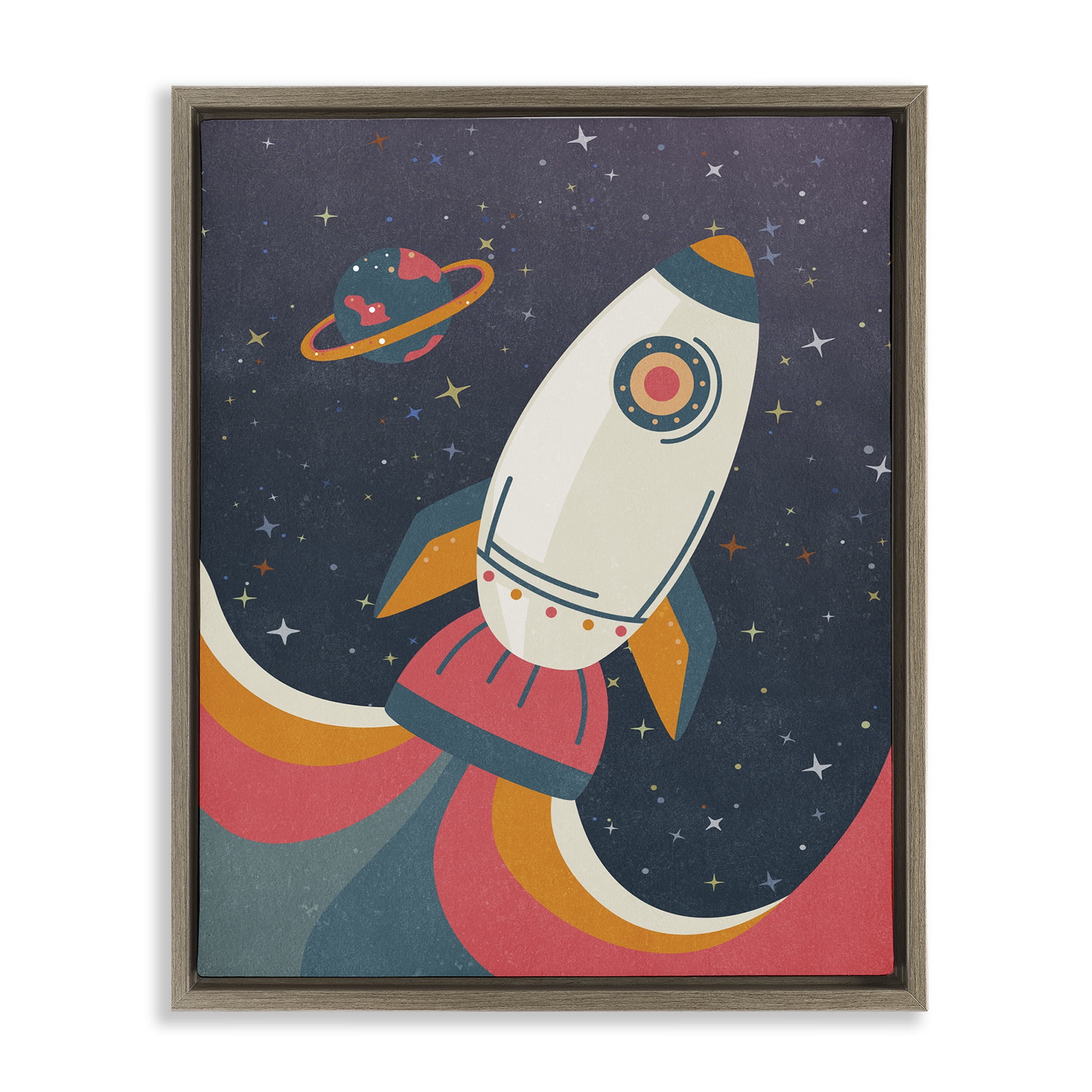 Stupell Industries Retro Space Rocket Astrology & Stars Painting Brown Floater Framed Canvas Art Print Wall Art, 17 x 21