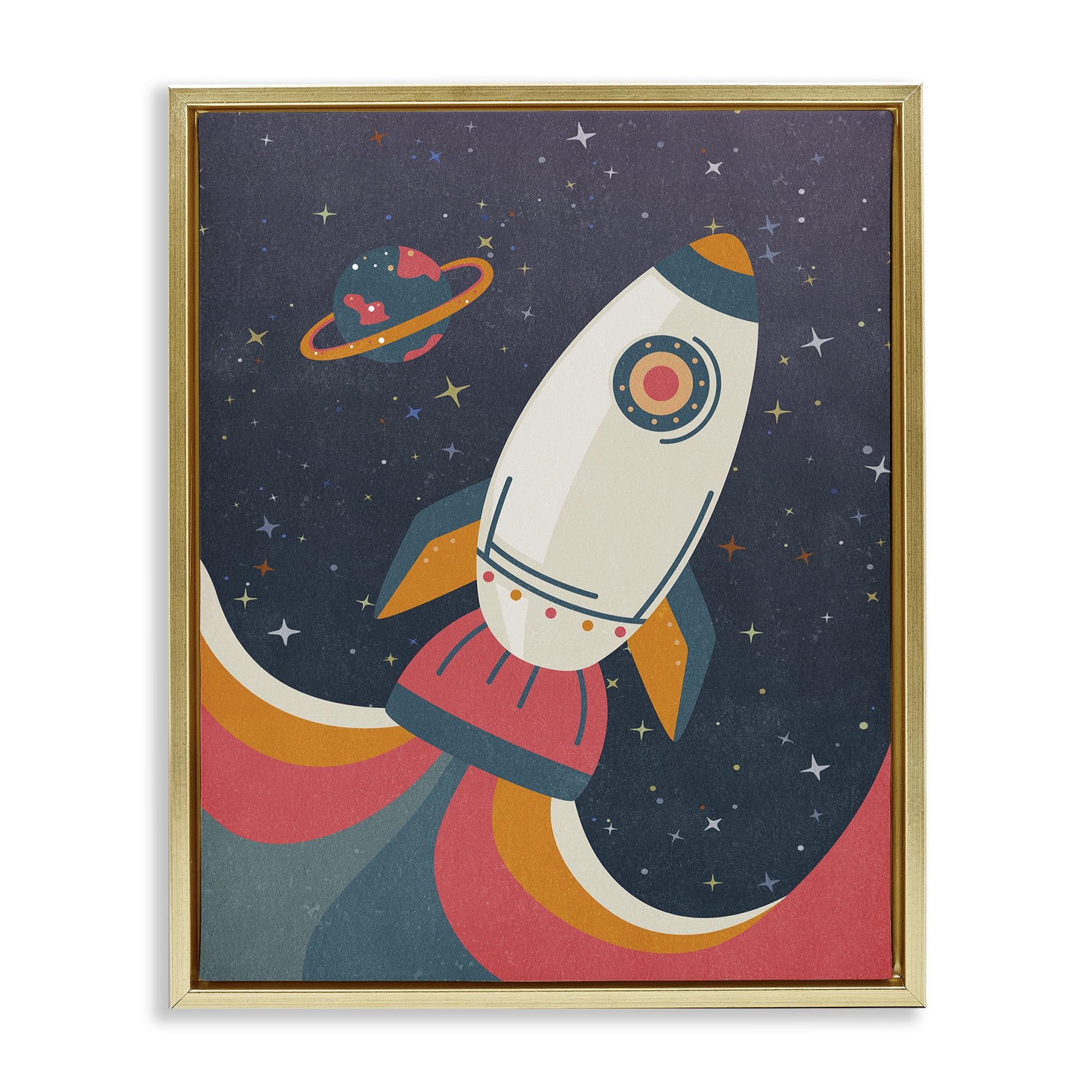 Stupell Industries Retro Space Rocket Astrology & Stars Painting Gold Floater Framed Canvas Art Print Wall Art, 25 x 31