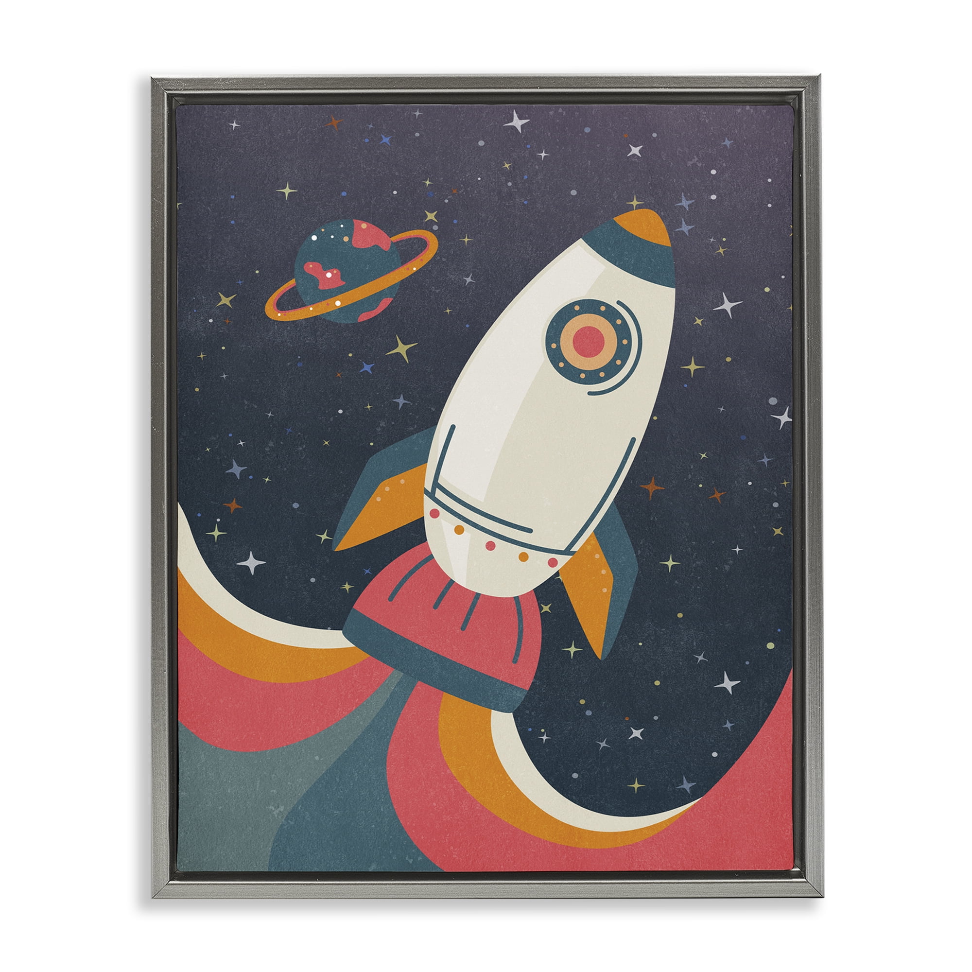 Stupell Industries Retro Space Rocket Astrology & Stars Painting Gray Floater Framed Canvas Art Print Wall Art, 17 x 21