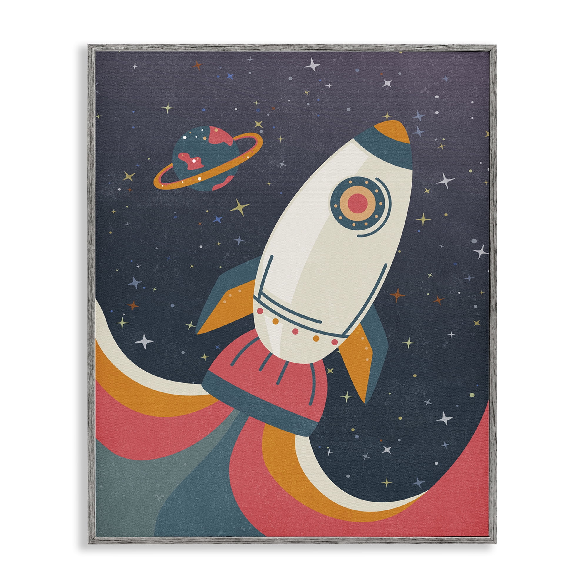 Stupell Industries Retro Space Rocket Astrology & Stars Painting Gray Framed Art Print Wall Art, 24 x 30