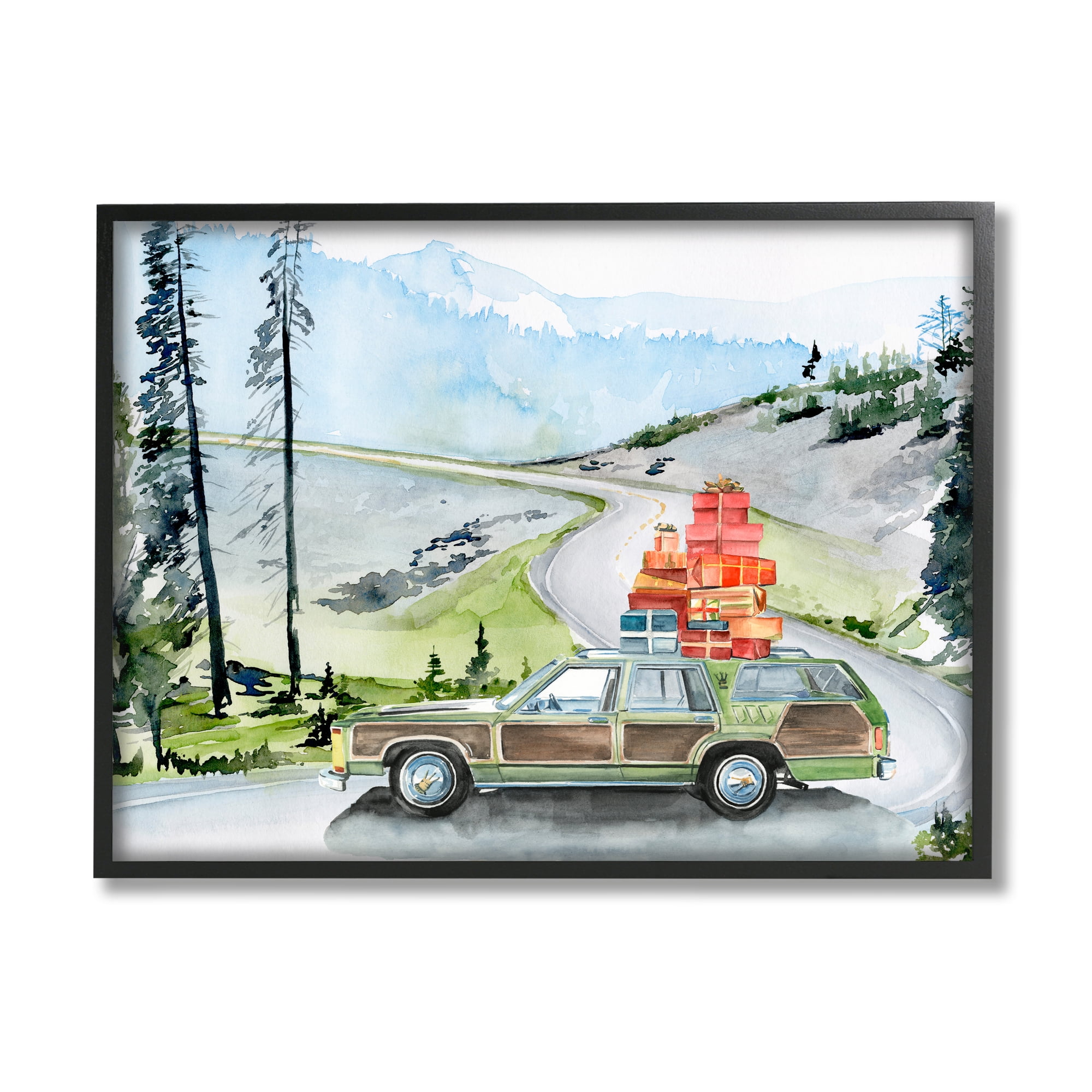 Stupell Industries Retro Station Wagon Rustic Christmas Travel Wrapped Presents Graphic Art Black Framed Art Print Wall Art, 30x24, by Jennifer Paxton Parker&nbsp;