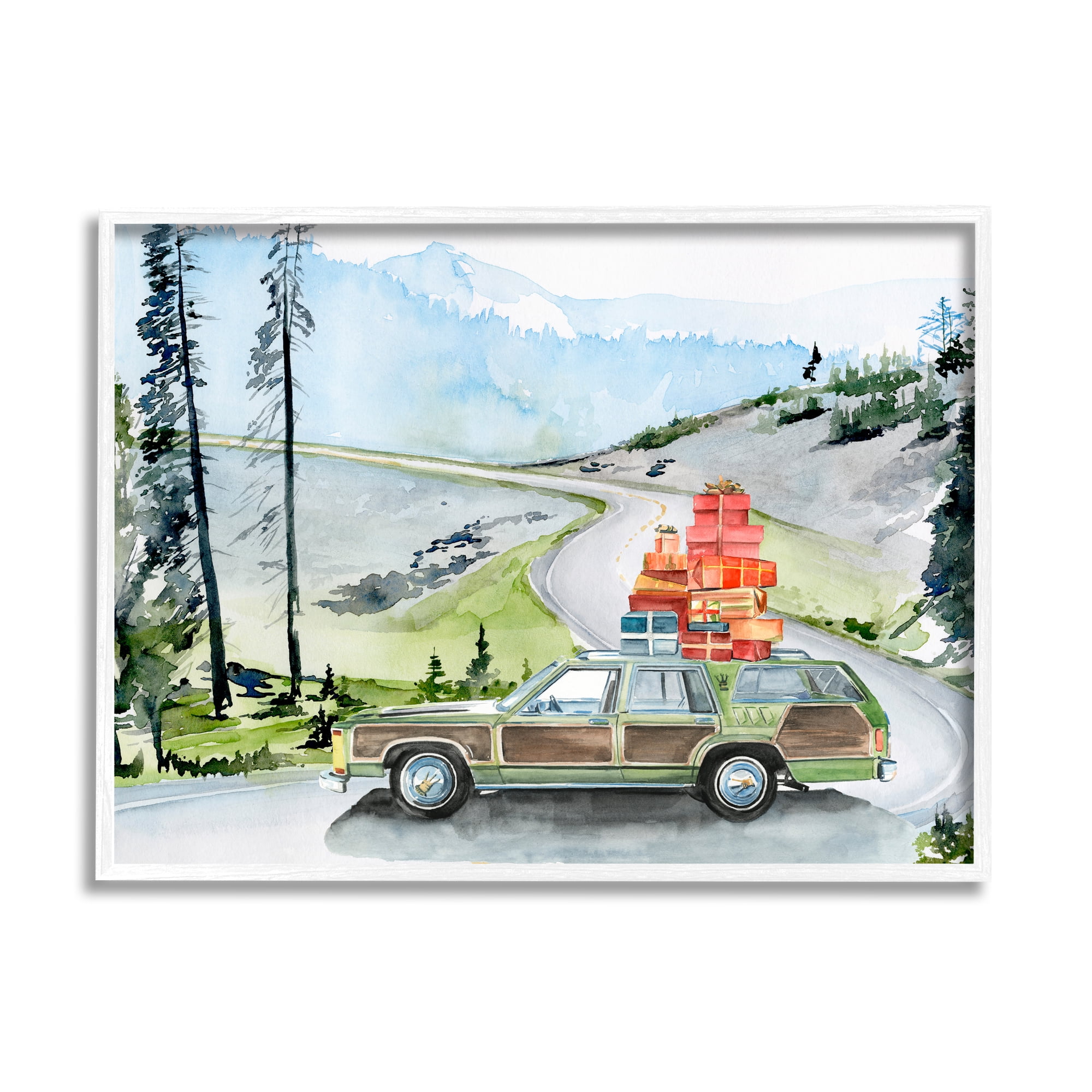 Stupell Industries Retro Station Wagon Rustic Christmas Travel Wrapped Presents Graphic Art White Framed Art Print Wall Art, 14x11, by Jennifer Paxton Parker&nbsp;