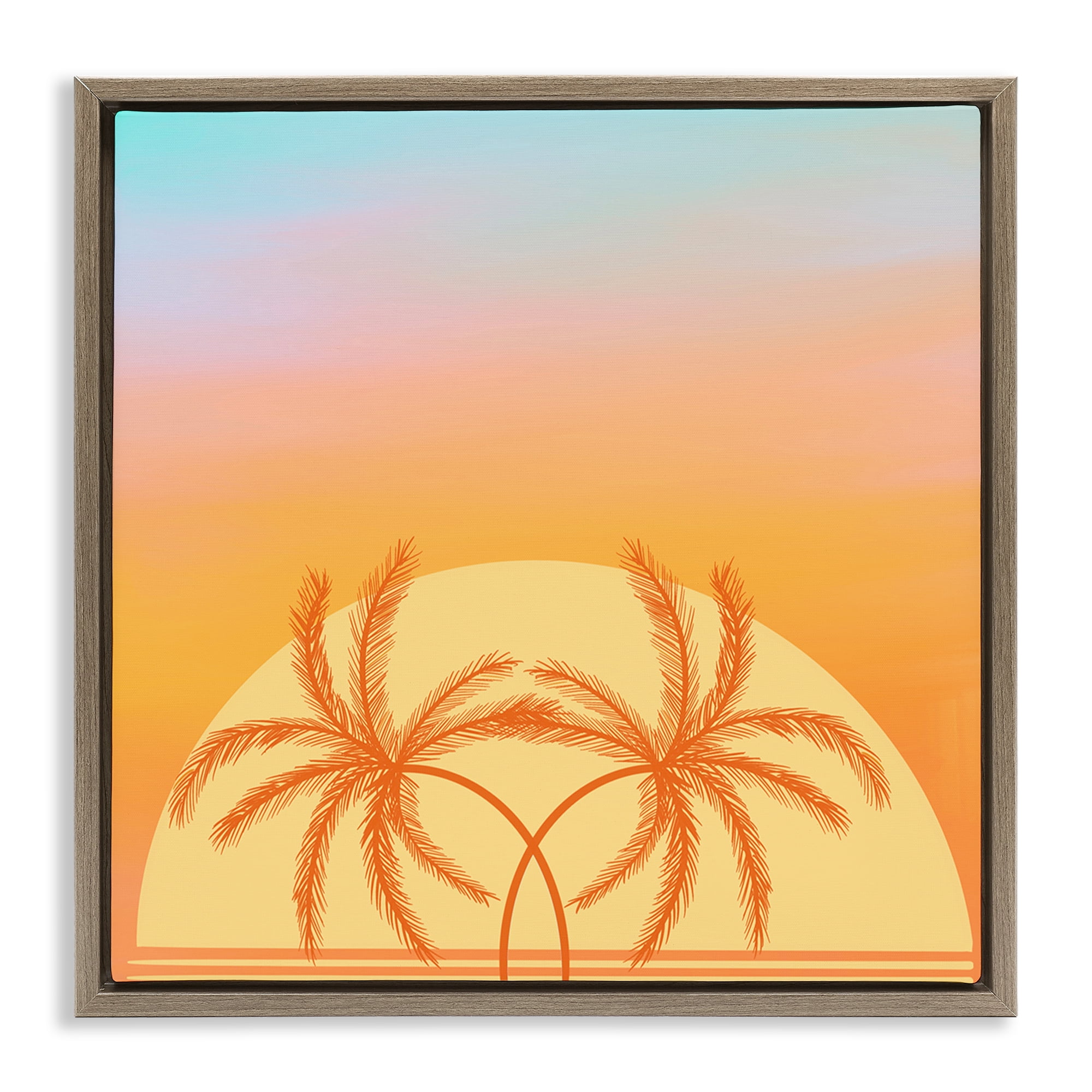Stupell Industries Retro Sunset Palm Trees Plants & Flowers Painting Brown Floater Framed Canvas Art Print Wall Art, 25 x 25