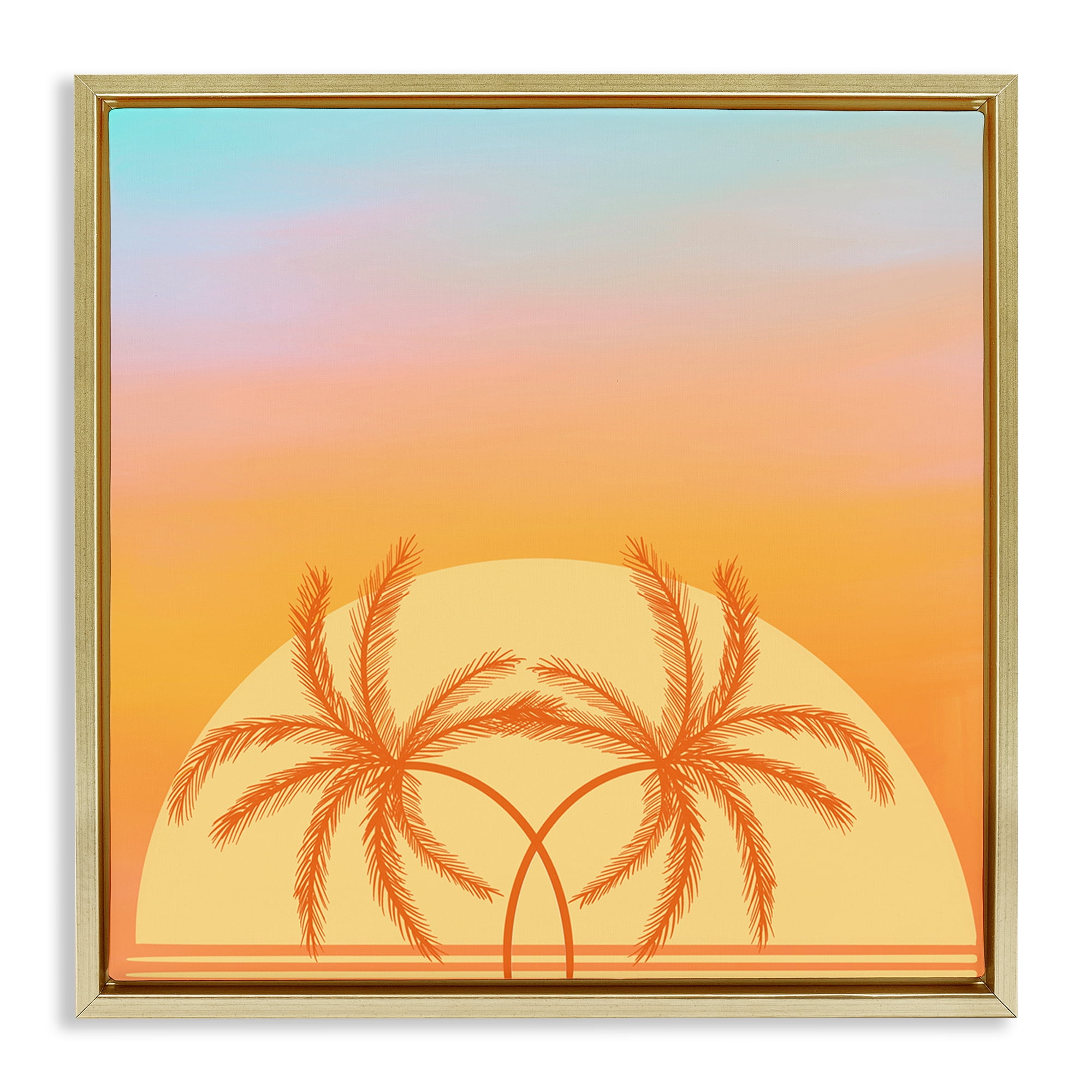 Stupell Industries Retro Sunset Palm Trees Plants & Flowers Painting Gold Floater Framed Canvas Art Print Wall Art, 18 x 18