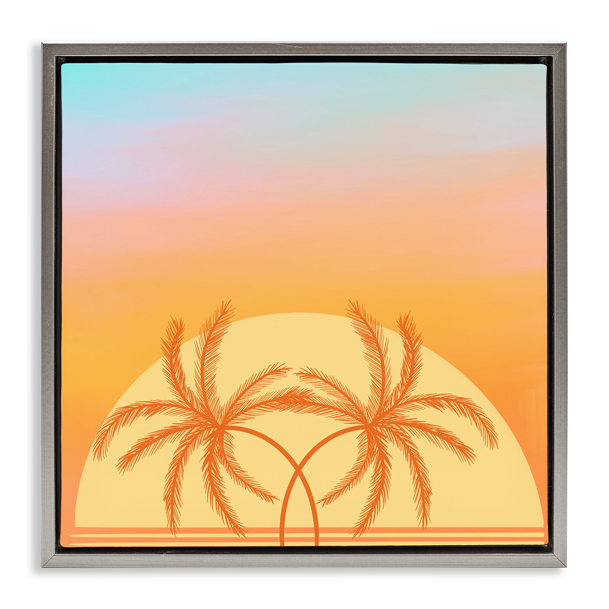 Stupell Industries Retro Sunset Palm Trees Plants & Flowers Painting Gray Floater Framed Canvas Art Print Wall Art, 18 x 18