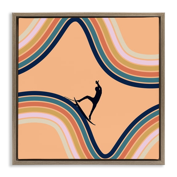 Stupell Industries Retro Surfer Riding Wave Brown Framed Floater Canvas Wall Art design by Ashley Singleton, 18 x 18