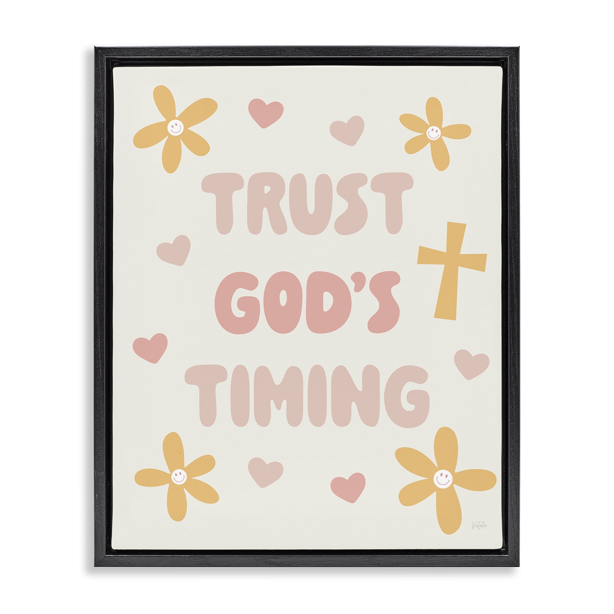 Stupell Industries Retro Trust God's Timing Black Framed Floater Canvas Wall Art, design by Natalie Carpentieri