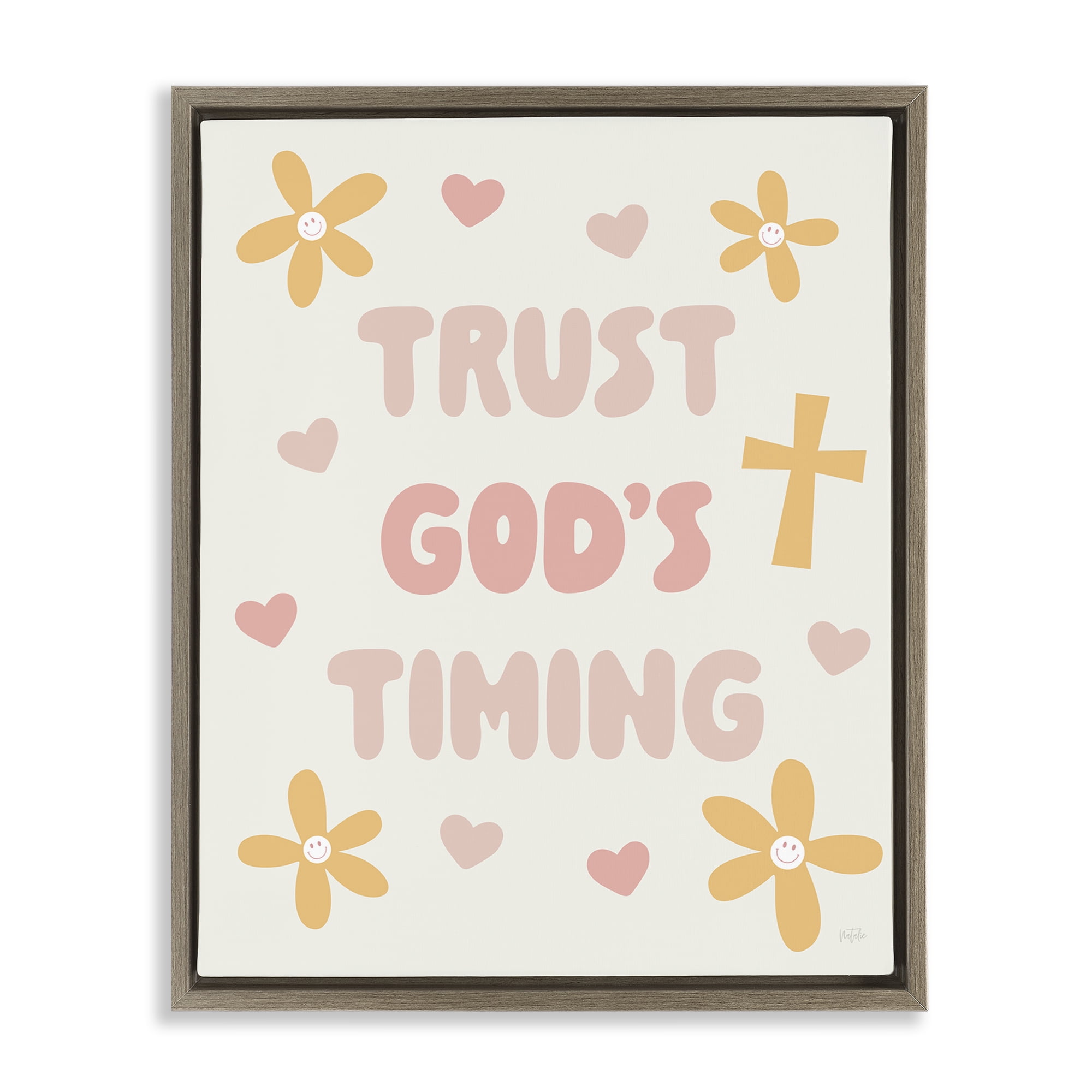 Stupell Industries Retro Trust God's Timing Brown Framed Floater Canvas Wall Art, design by Natalie Carpentieri