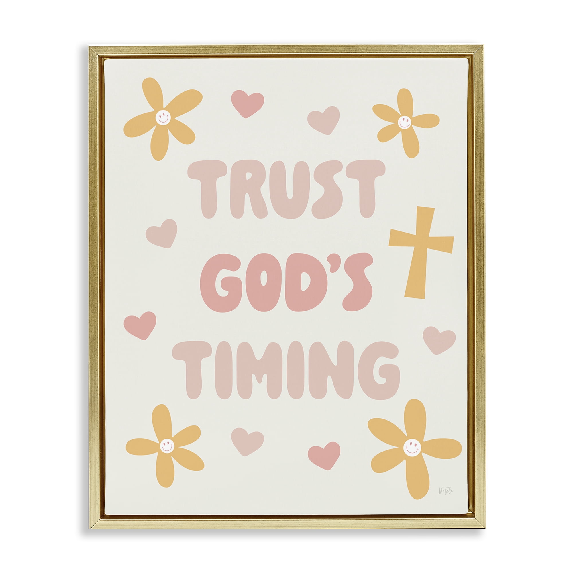 Stupell Industries Retro Trust God's Timing Gold Framed Floater Canvas Wall Art, design by Natalie Carpentieri