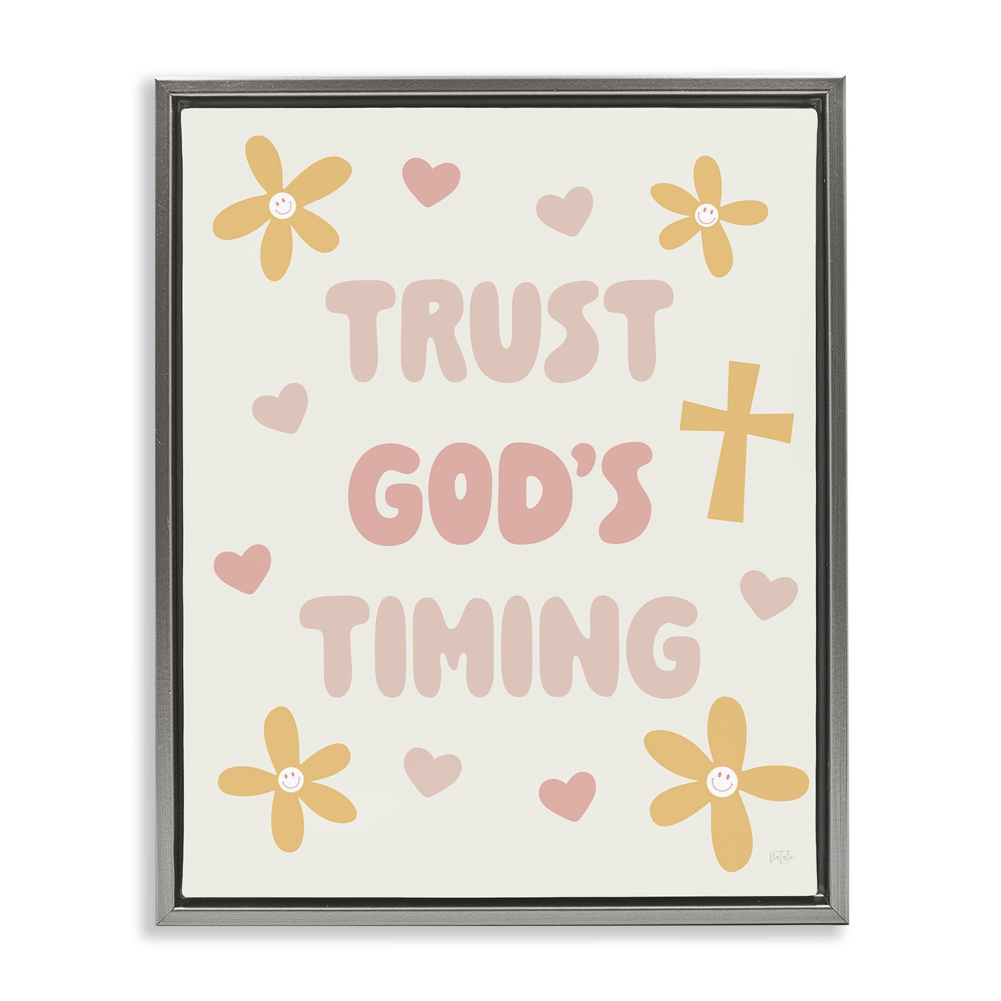 Stupell Industries Retro Trust God's Timing Gray Framed Floater Canvas Wall Art, design by Natalie Carpentieri