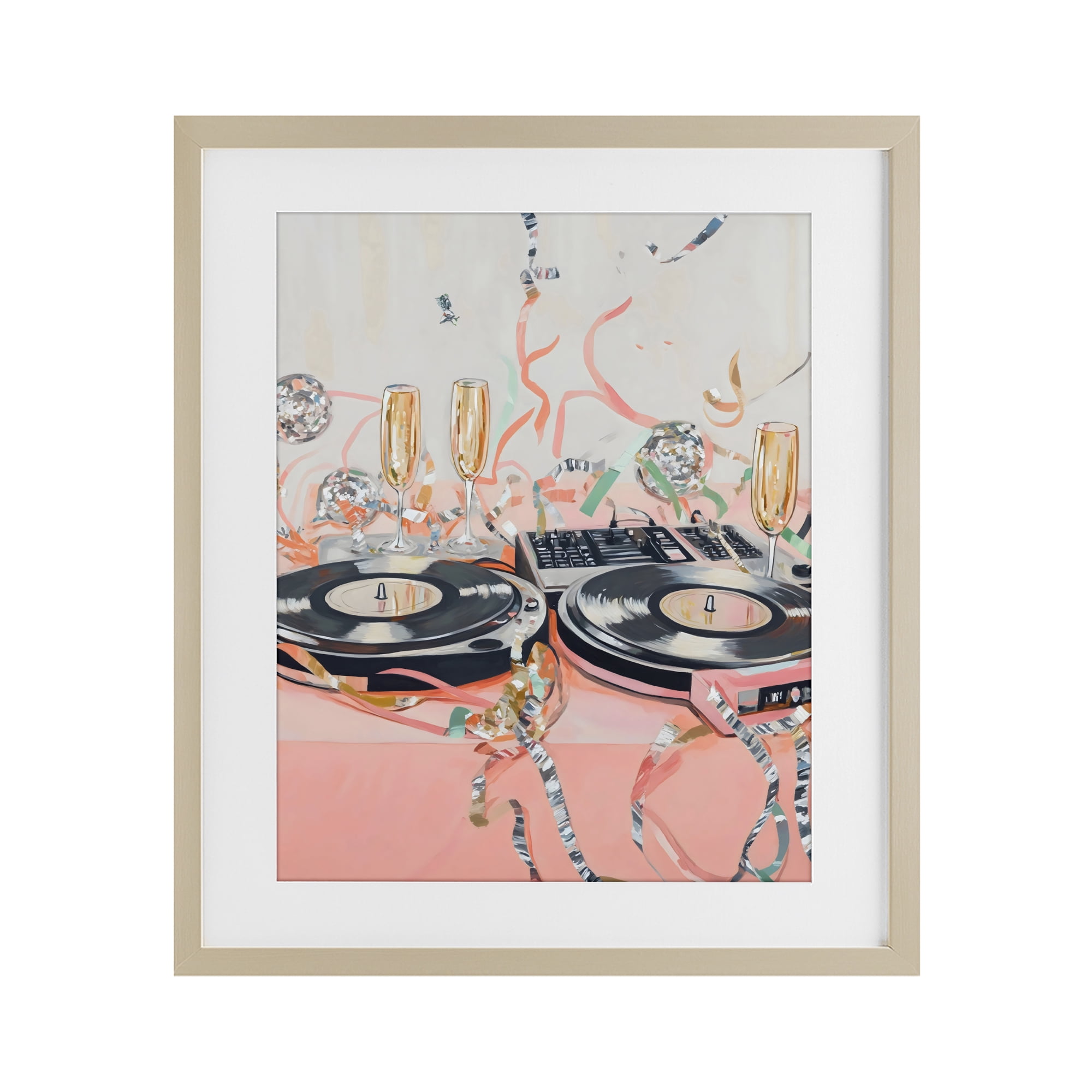 Stupell Industries Retro Turntable & Champagne Party Birch Framed Print Under Glass, design by The Prints Vibe