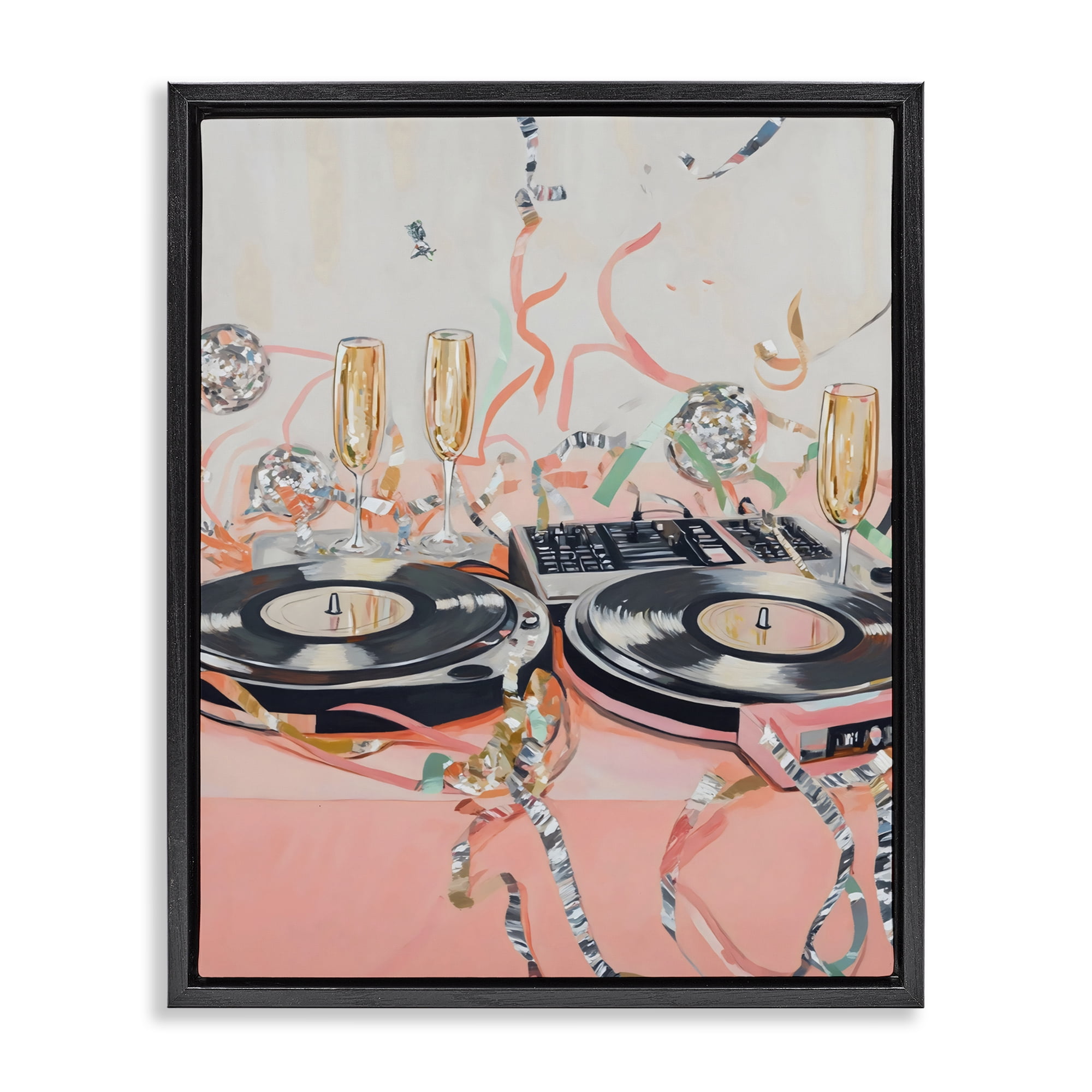 Stupell Industries Retro Turntable & Champagne Party Black Framed Floater Canvas Wall Art, design by The Prints Vibe