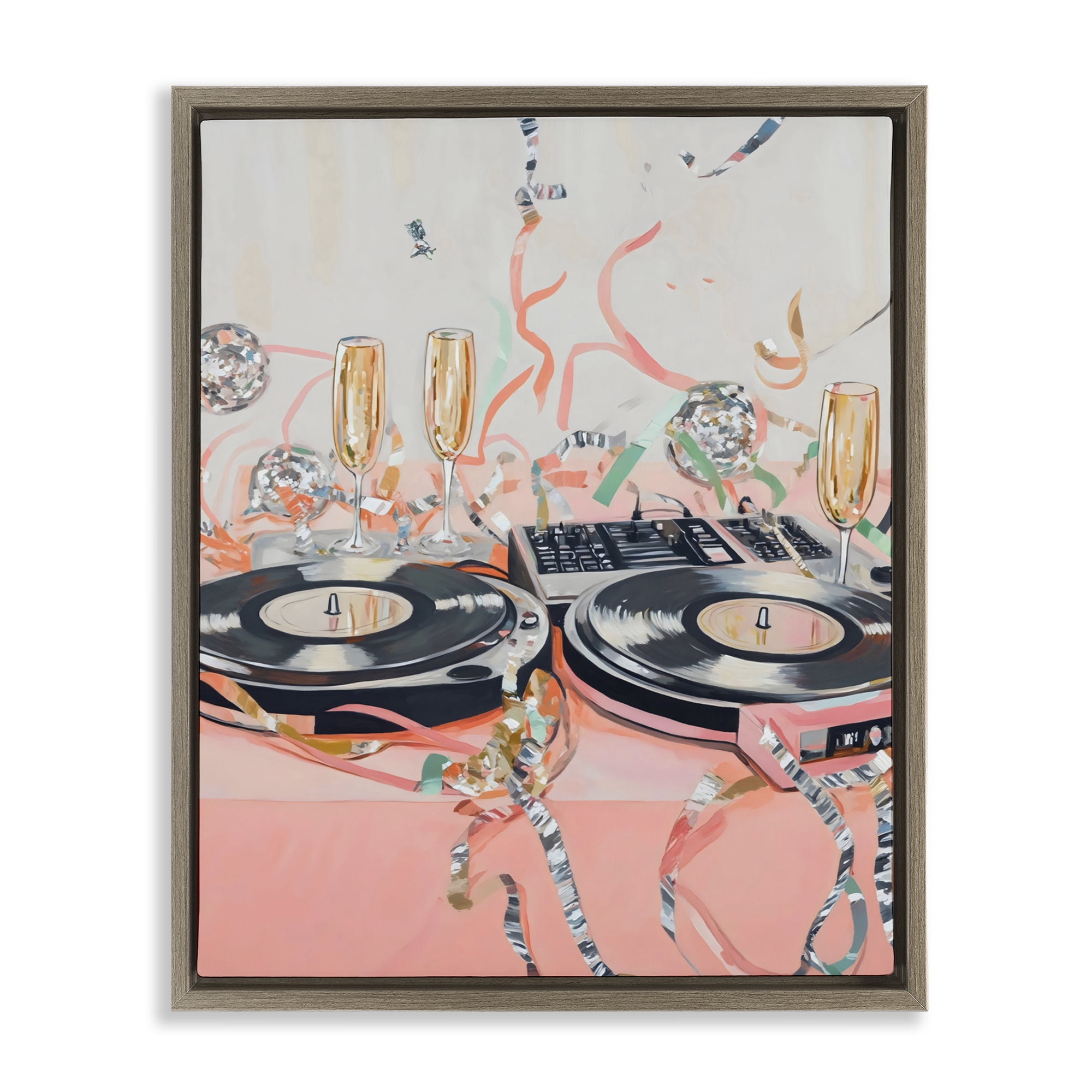Stupell Industries Retro Turntable & Champagne Party Brown Framed Floater Canvas Wall Art, design by The Prints Vibe