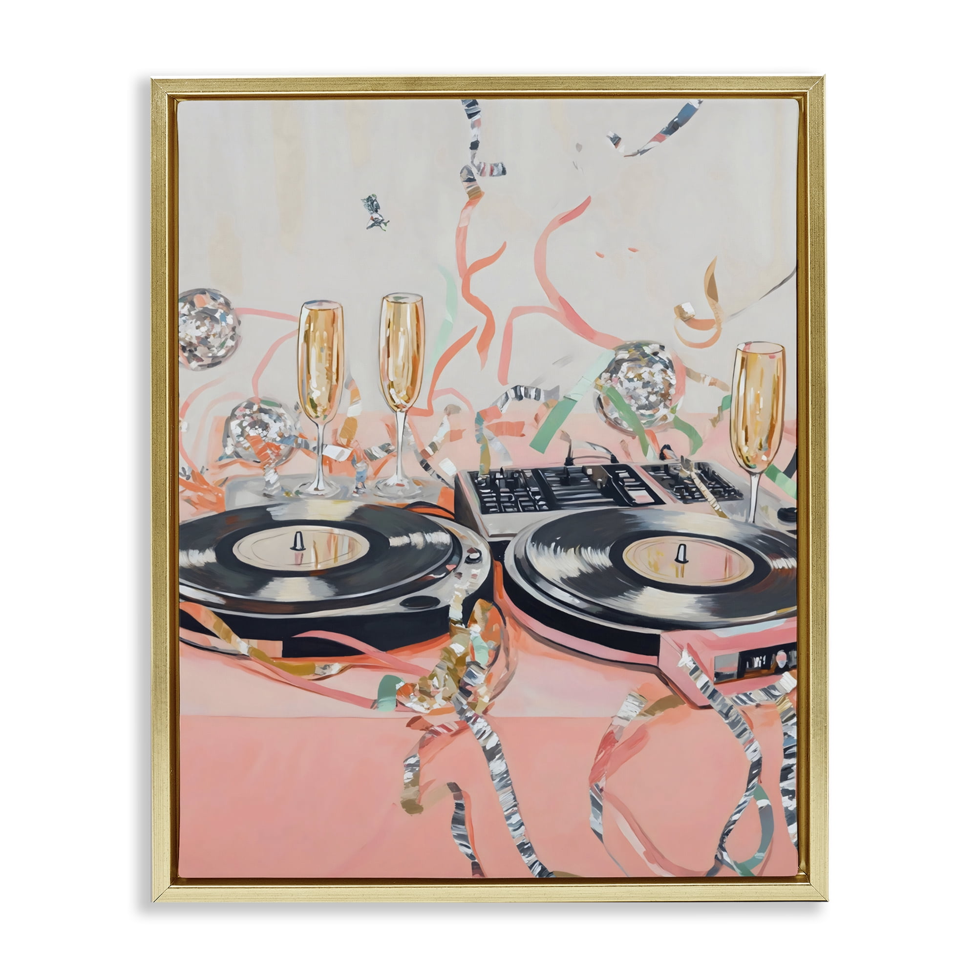 Stupell Industries Retro Turntable & Champagne Party Gold Framed Floater Canvas Wall Art, design by The Prints Vibe