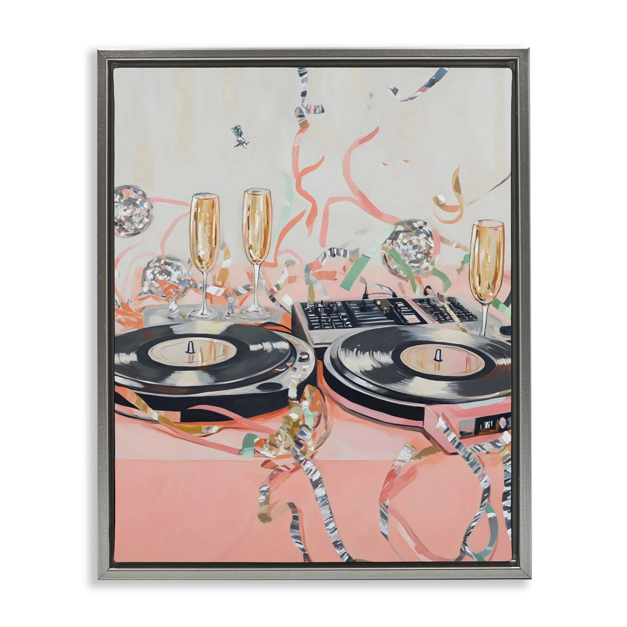 Stupell Industries Retro Turntable & Champagne Party Gray Framed Floater Canvas Wall Art, design by The Prints Vibe