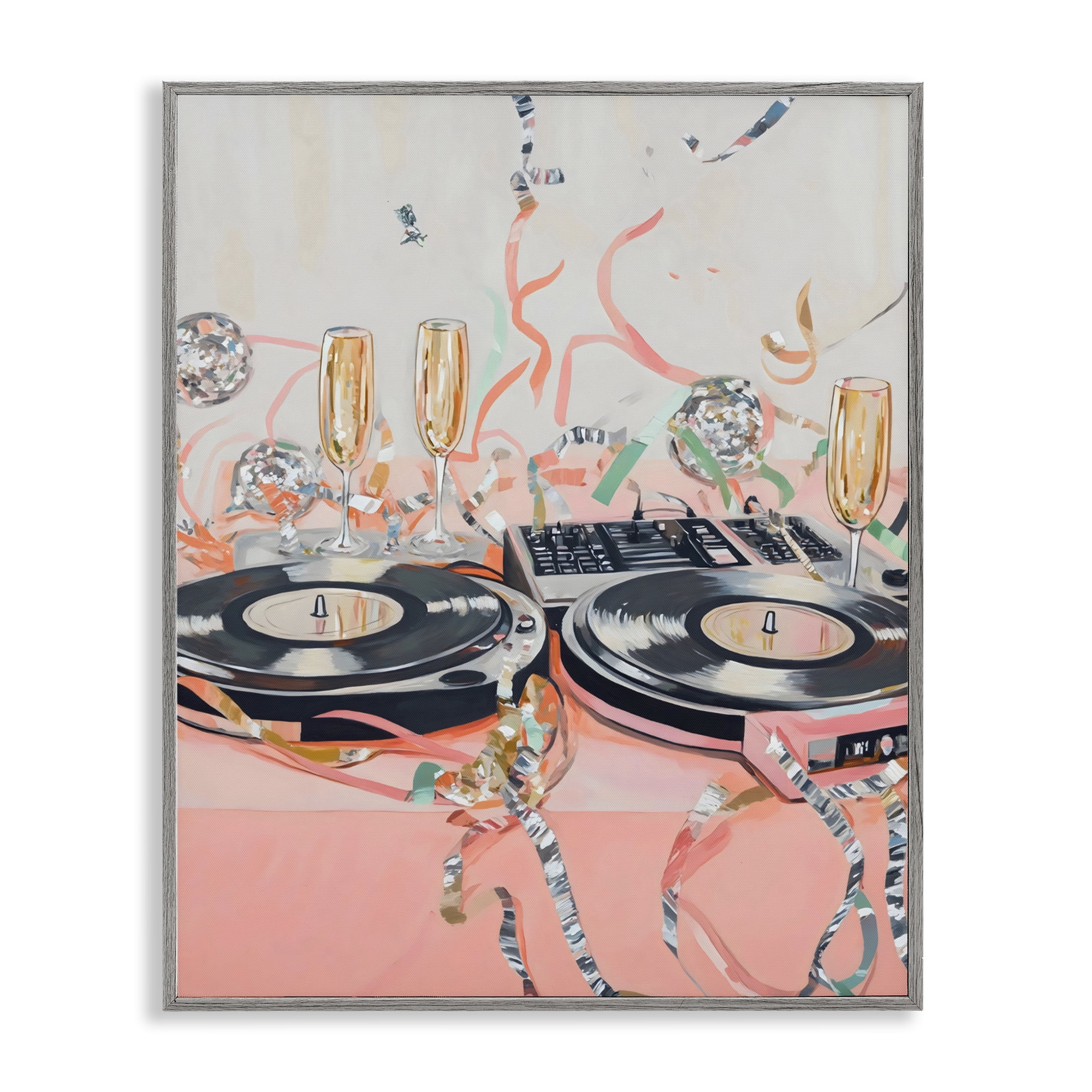 Stupell Industries Retro Turntable & Champagne Party Gray Framed Giclee Art, design by The Prints Vibe