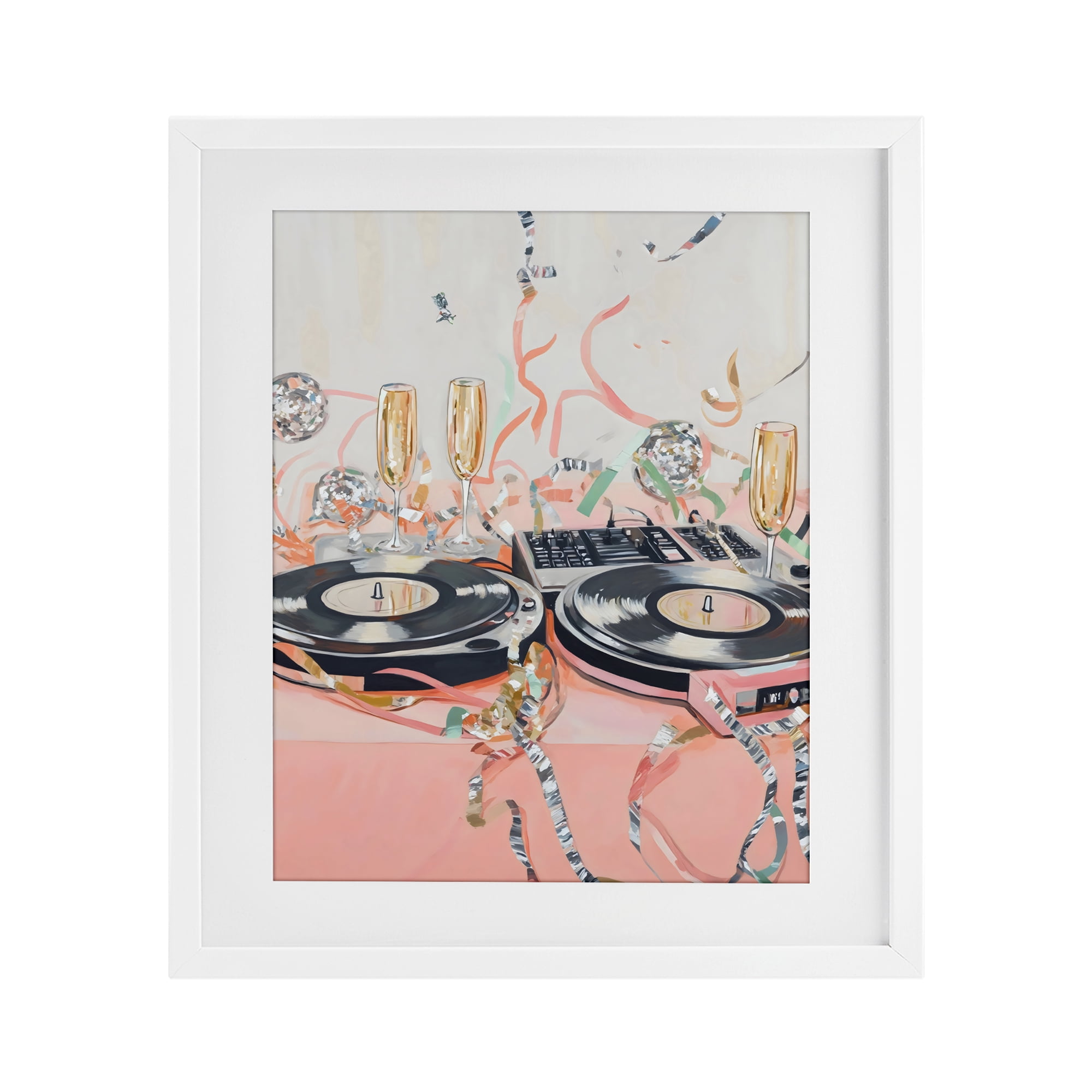 Stupell Industries Retro Turntable & Champagne Party White Framed Print Under Glass, design by The Prints Vibe