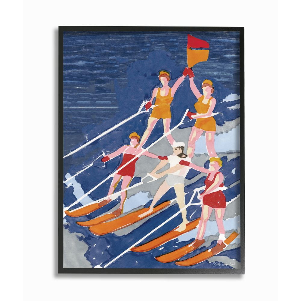 Stupell Industries Retro Waterski Team Aerobic Pyramid Watercolor Painting Framed Wall Art Design by Stellar Design Studio, 11" x 14", Black Framed