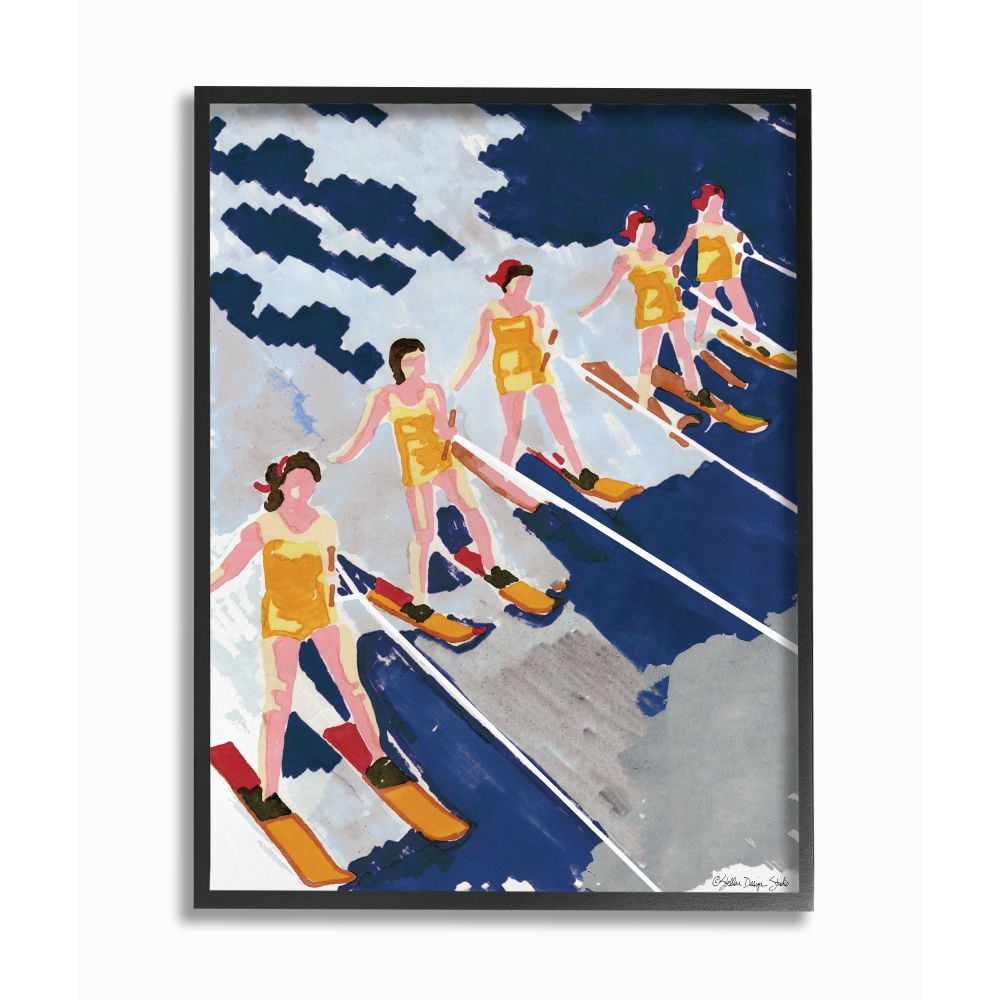 Stupell Industries Retro Waterski Women Blue Yellow Watercolor Painting Framed Wall Art Design by Stellar Design Studio, 16" x 20", Black Framed